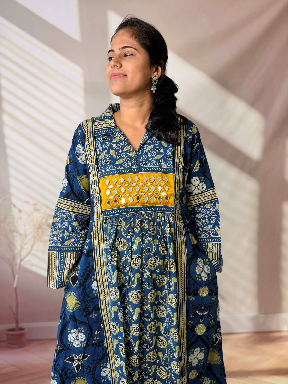 Swara Ajarakh Flap Collar & Mirror Cotton Long Kurti/One Piece
