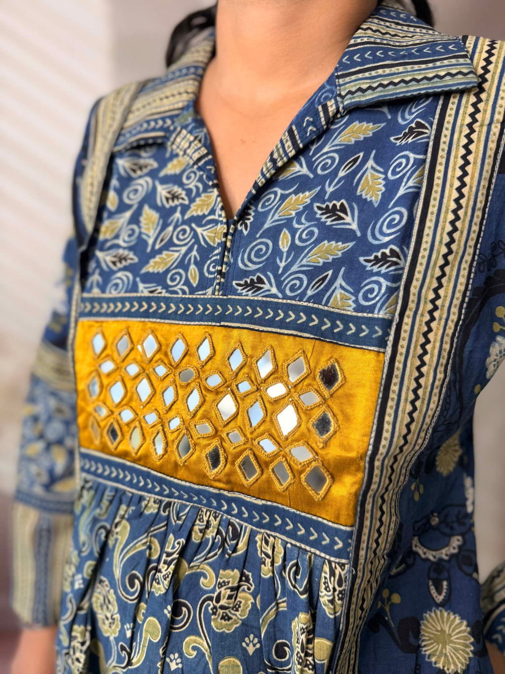 Swara Ajarakh Flap Collar & Mirror Cotton Long Kurti/One Piece