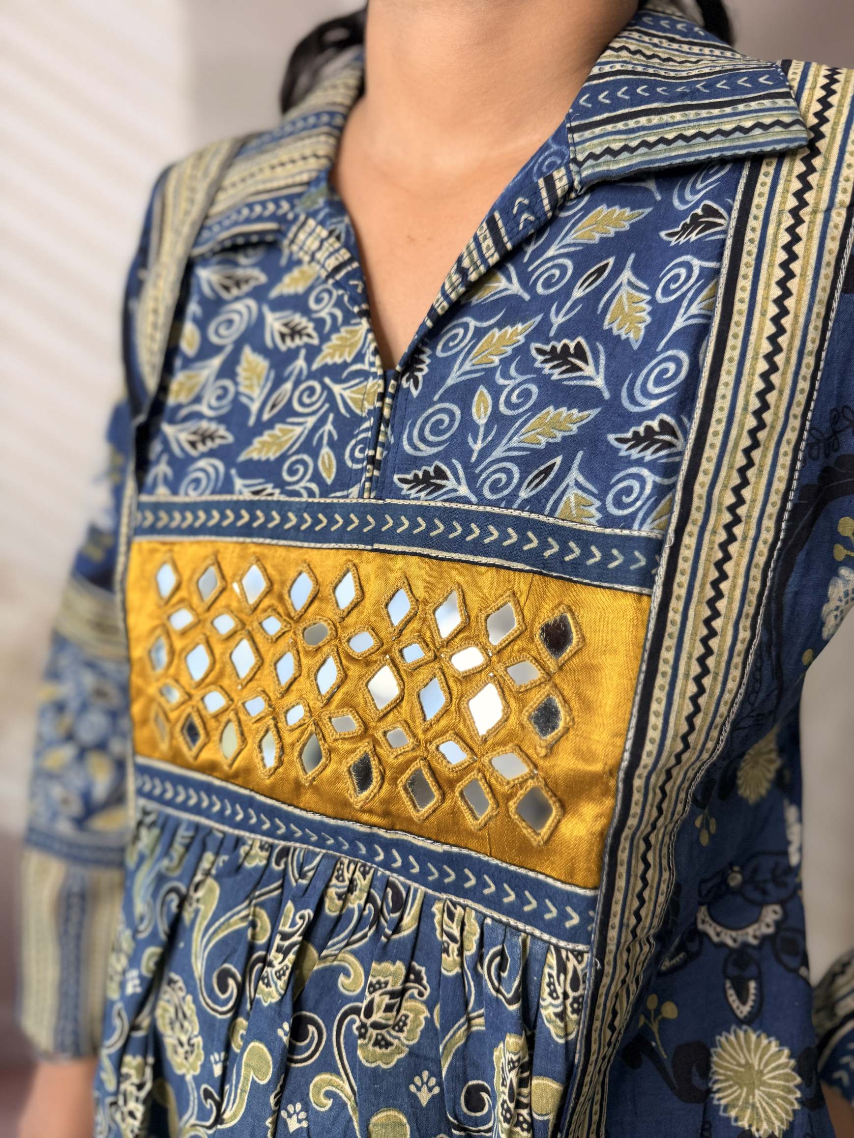 Swara Ajarakh Flap Collar & Mirror Cotton Long Kurti/One Piece