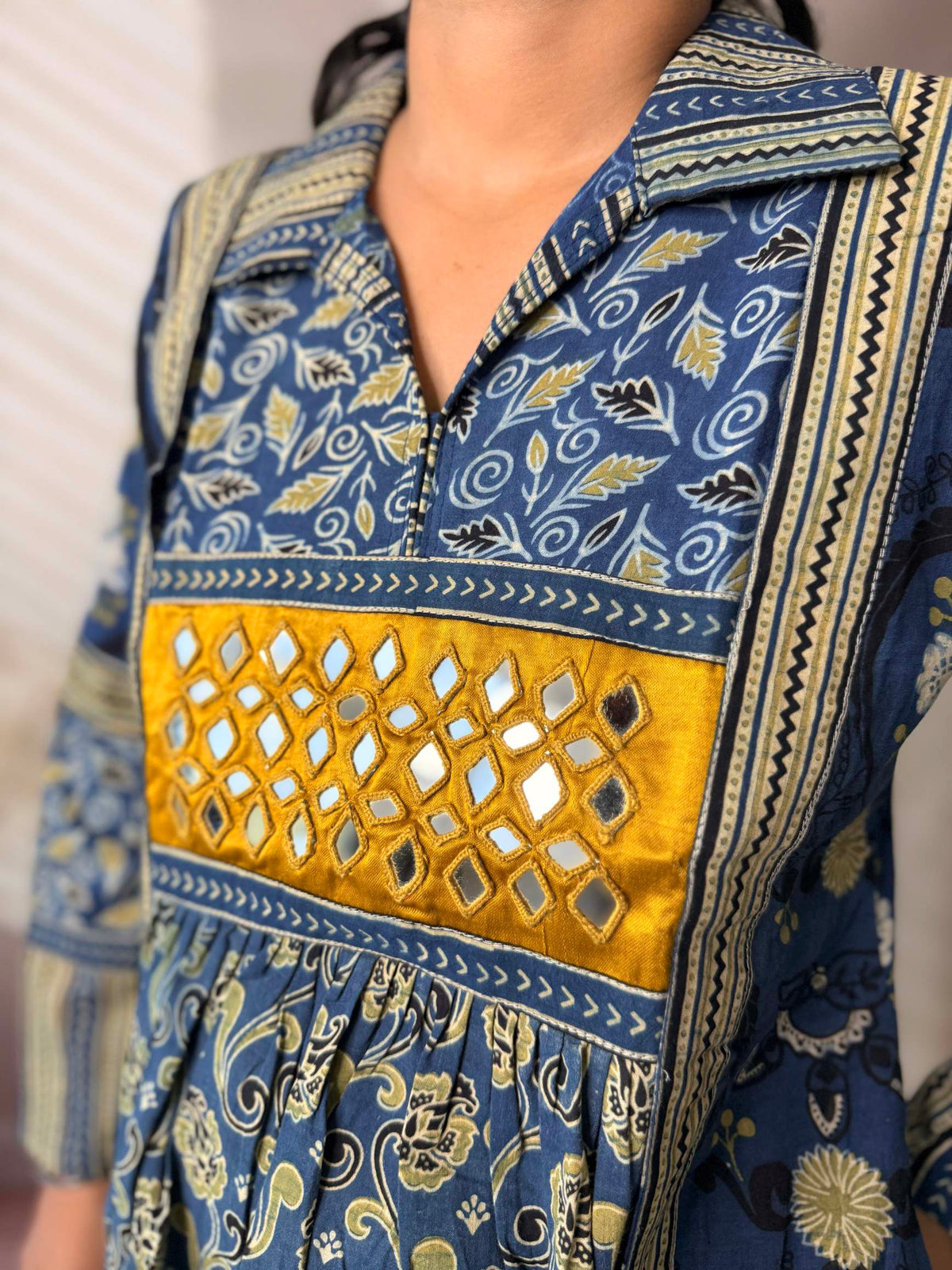 Swara Ajarakh Flap Collar & Mirror Cotton Long Kurti/One Piece