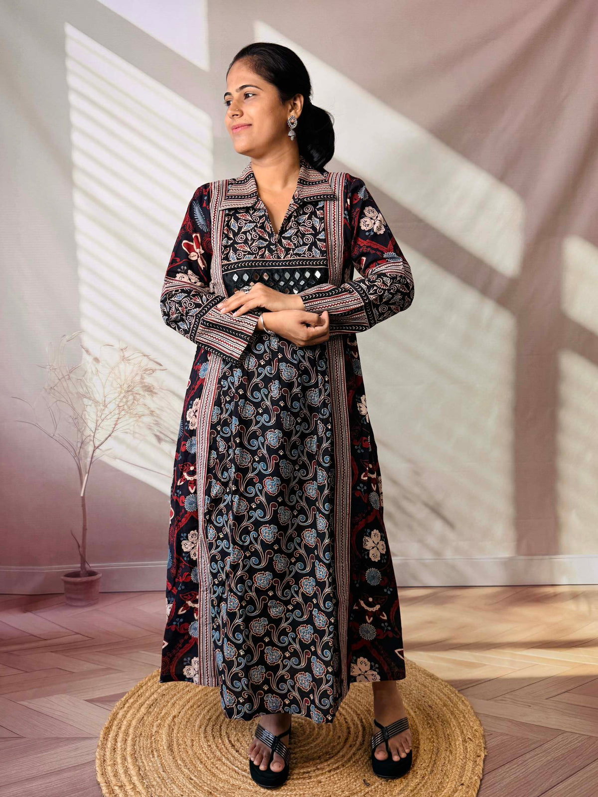 Swara Ajarakh Flap Collar & Mirror Cotton Long Kurti/One Piece