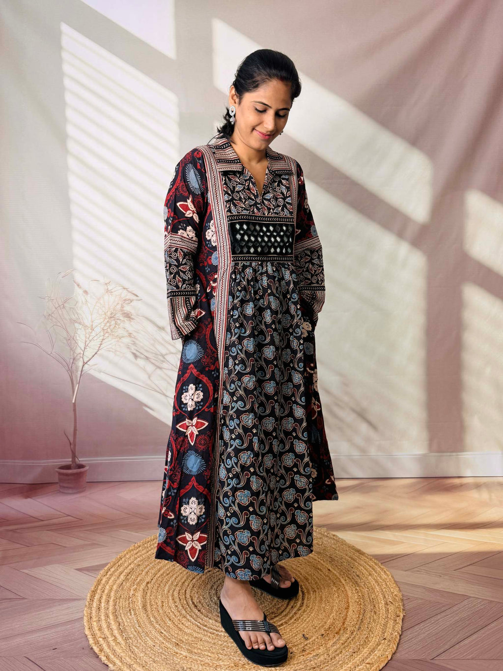 Swara Ajarakh Flap Collar & Mirror Cotton Long Kurti/One Piece