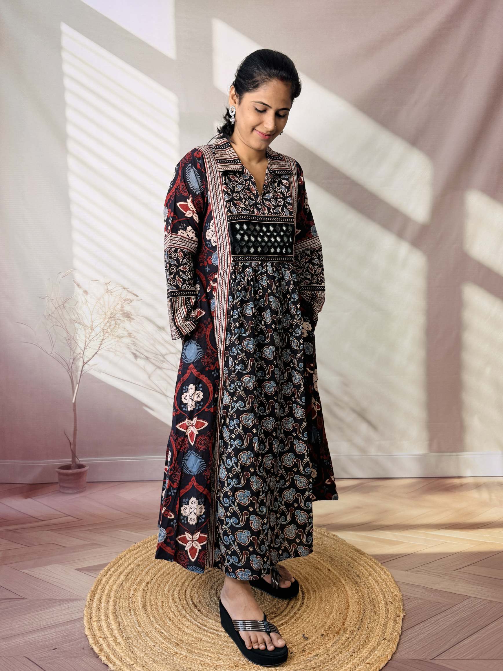 Swara Ajarakh Flap Collar & Mirror Cotton Long Kurti/One Piece