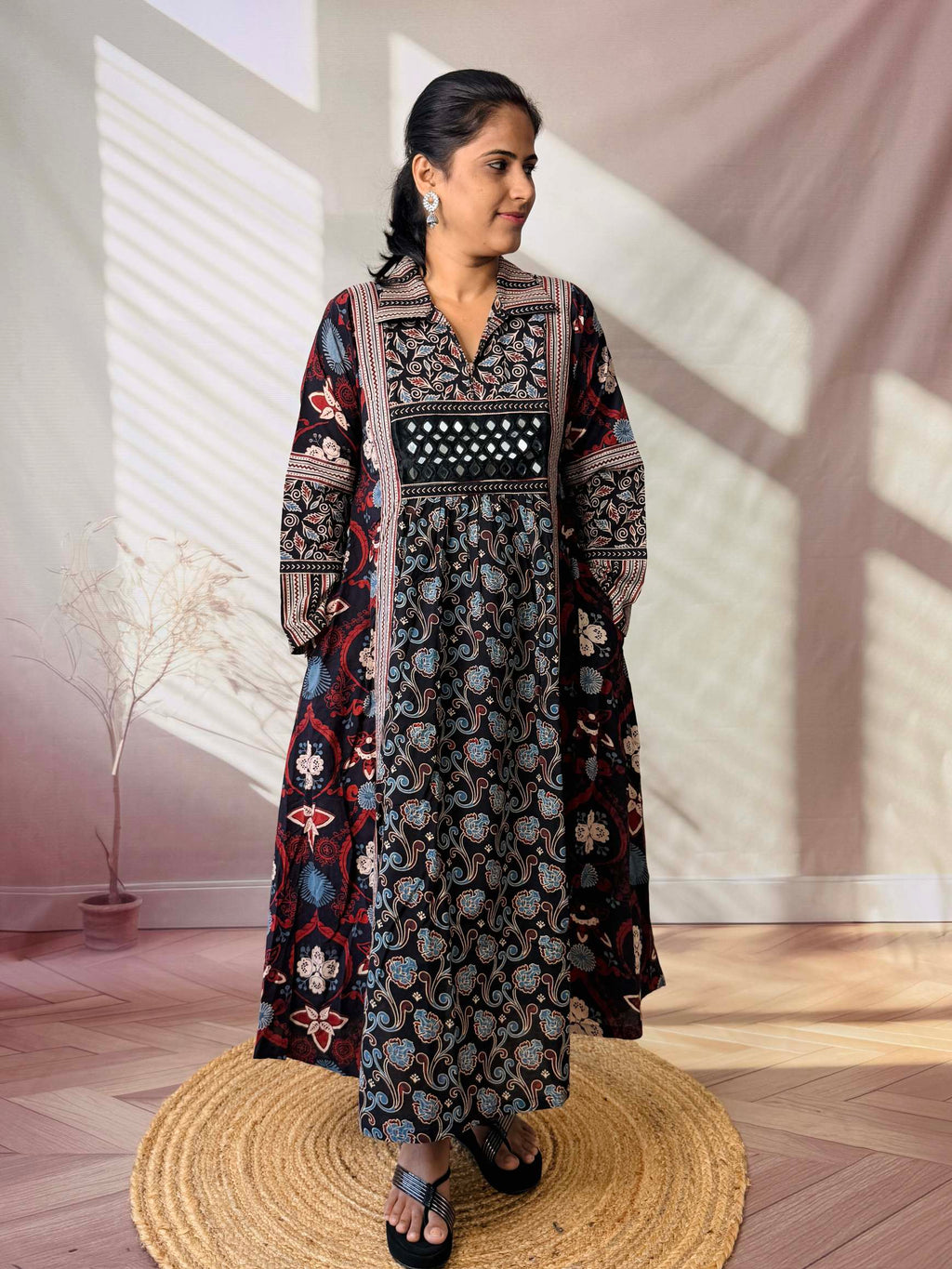 Swara Ajarakh Flap Collar & Mirror Cotton Long Kurti/One Piece