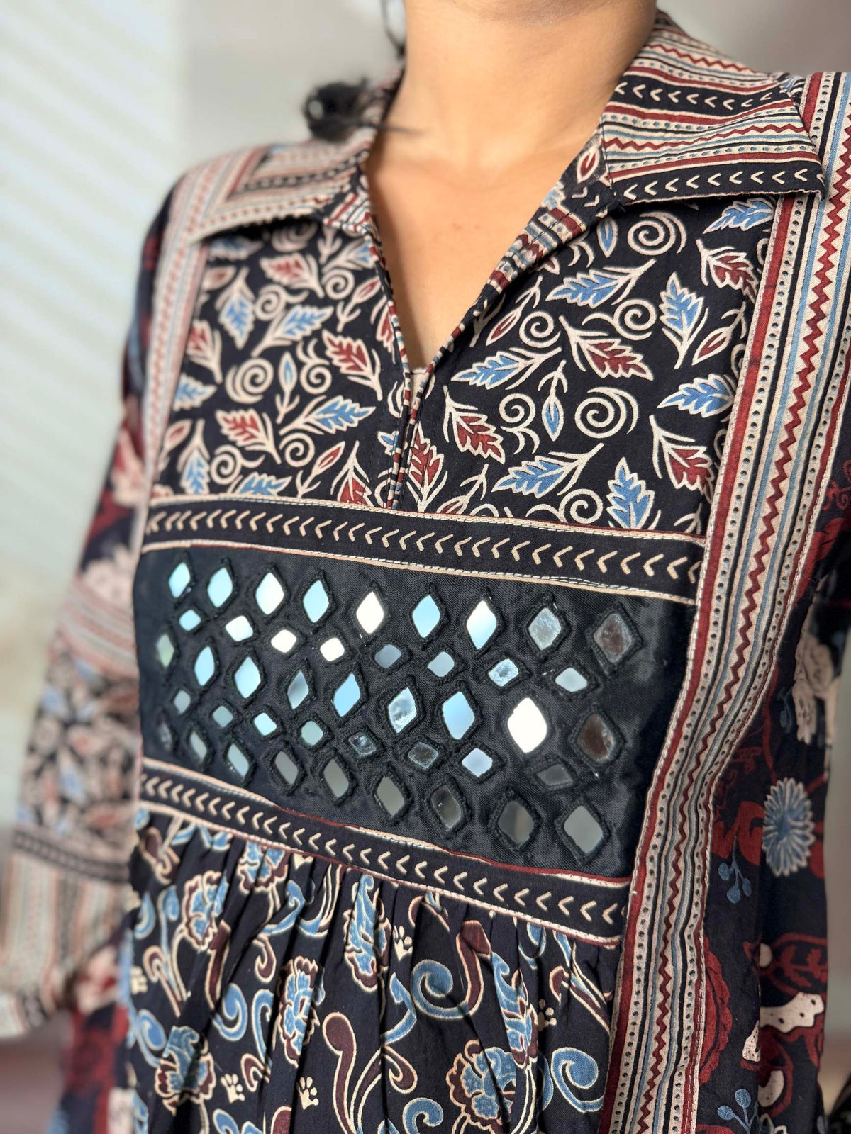 Swara Ajarakh Flap Collar & Mirror Cotton Long Kurti/One Piece