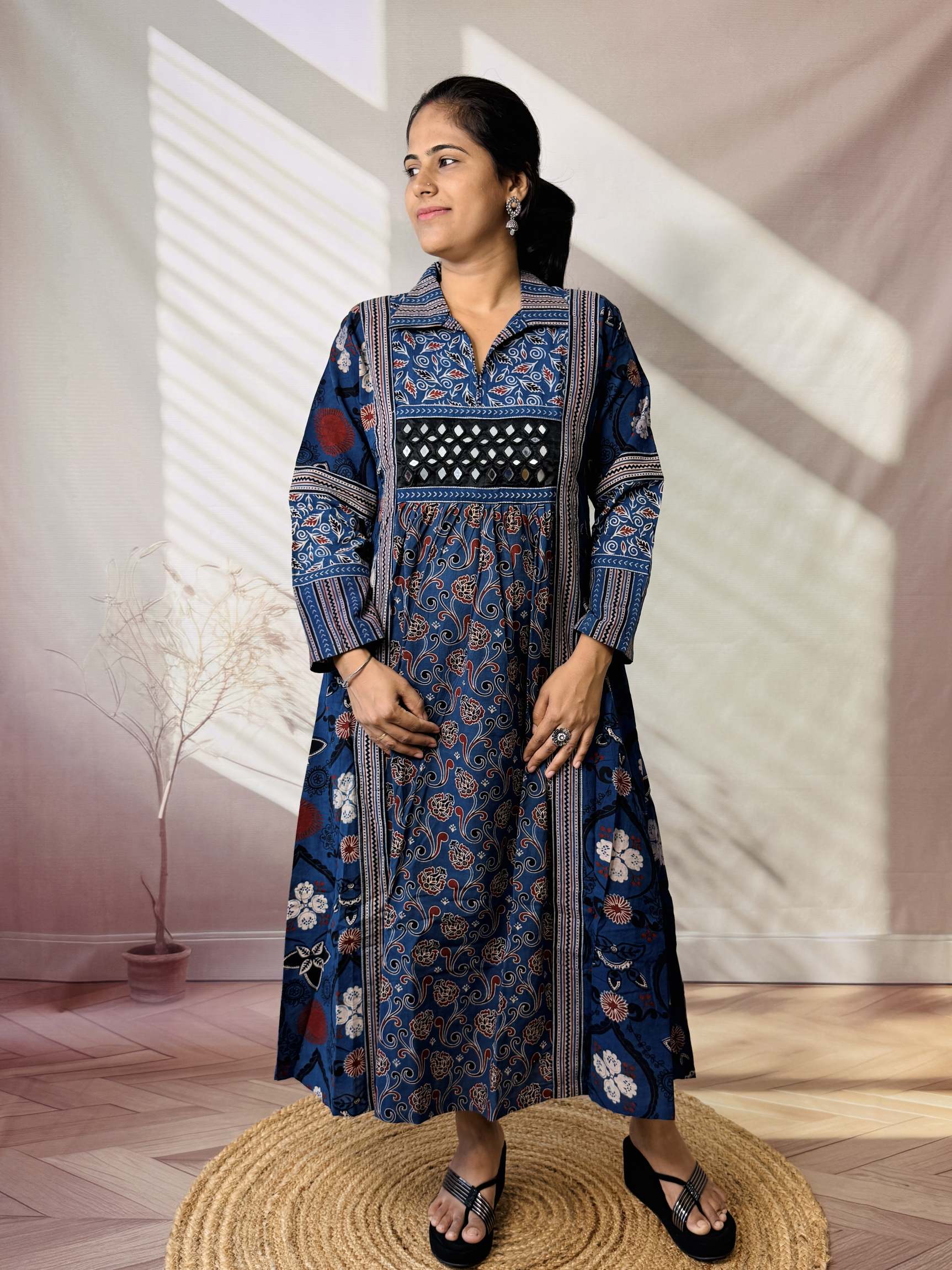 Swara Ajarakh Flap Collar & Mirror Cotton Long Kurti/One Piece