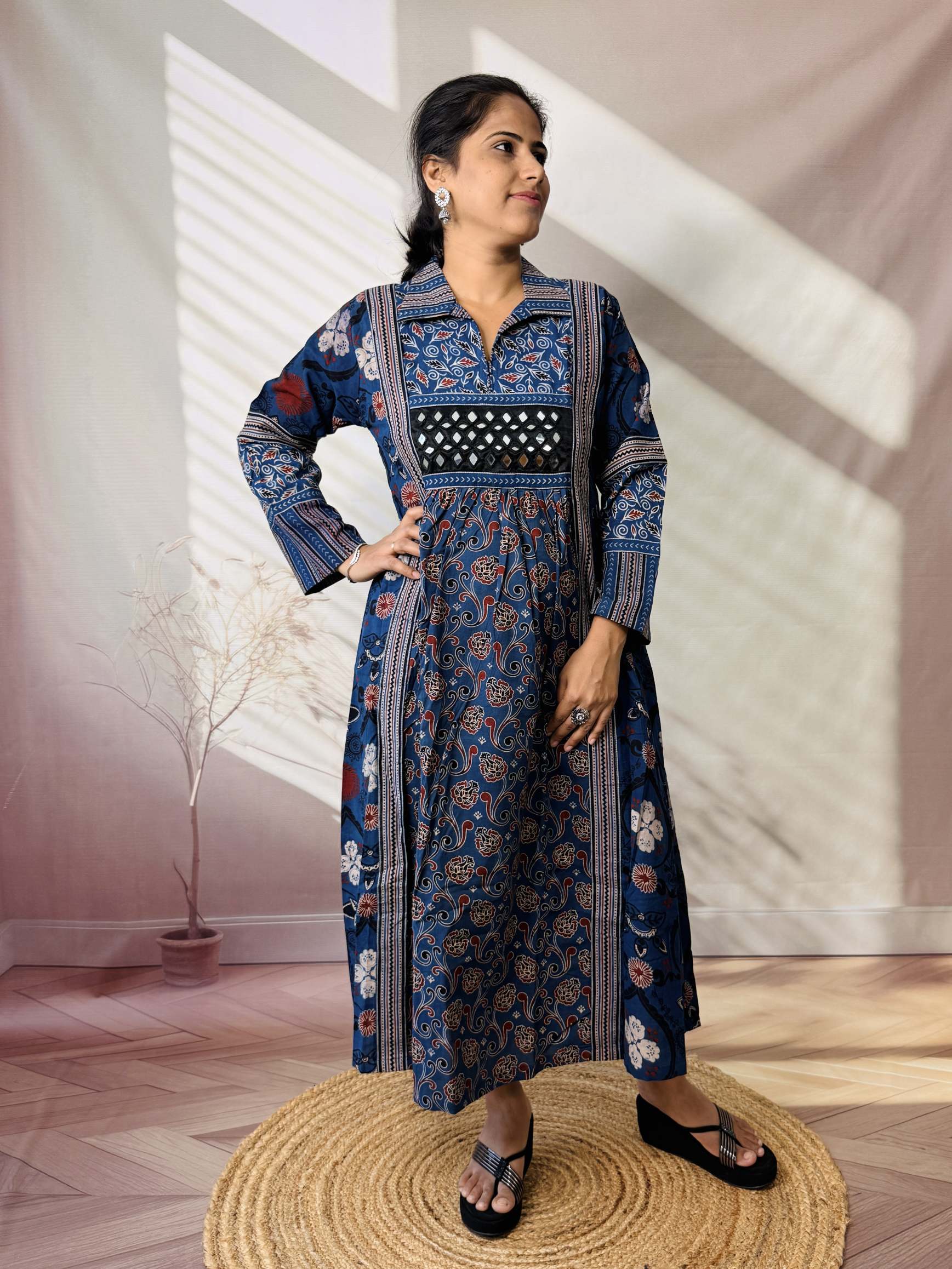 Swara Ajarakh Flap Collar & Mirror Cotton Long Kurti/One Piece