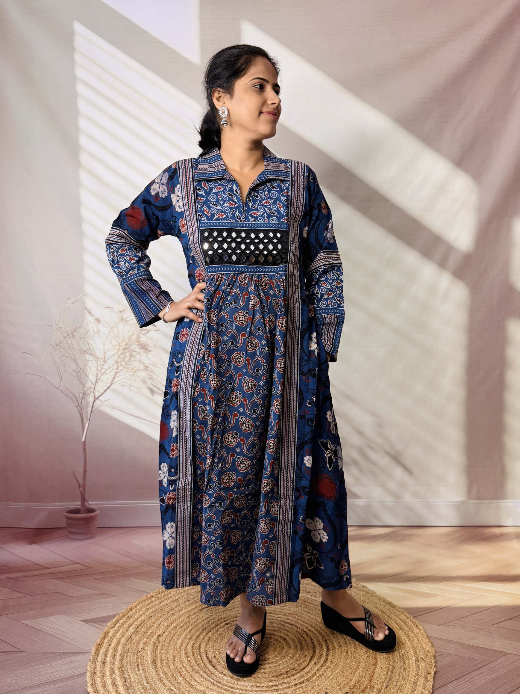 Swara Ajarakh Flap Collar & Mirror Cotton Long Kurti/One Piece
