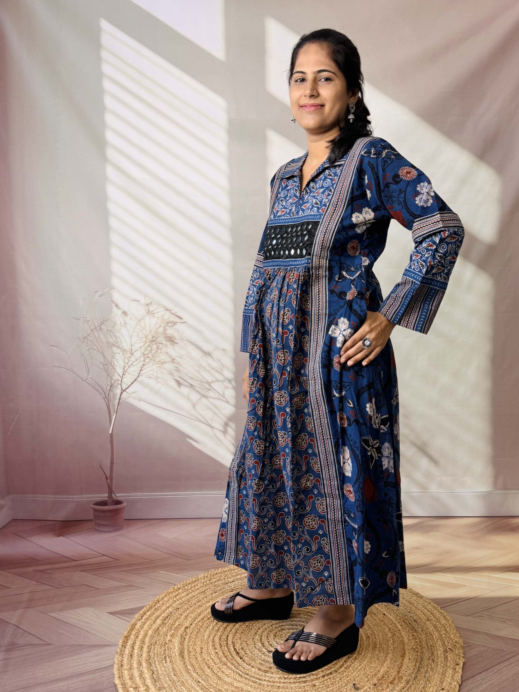 Swara Ajarakh Flap Collar & Mirror Cotton Long Kurti/One Piece