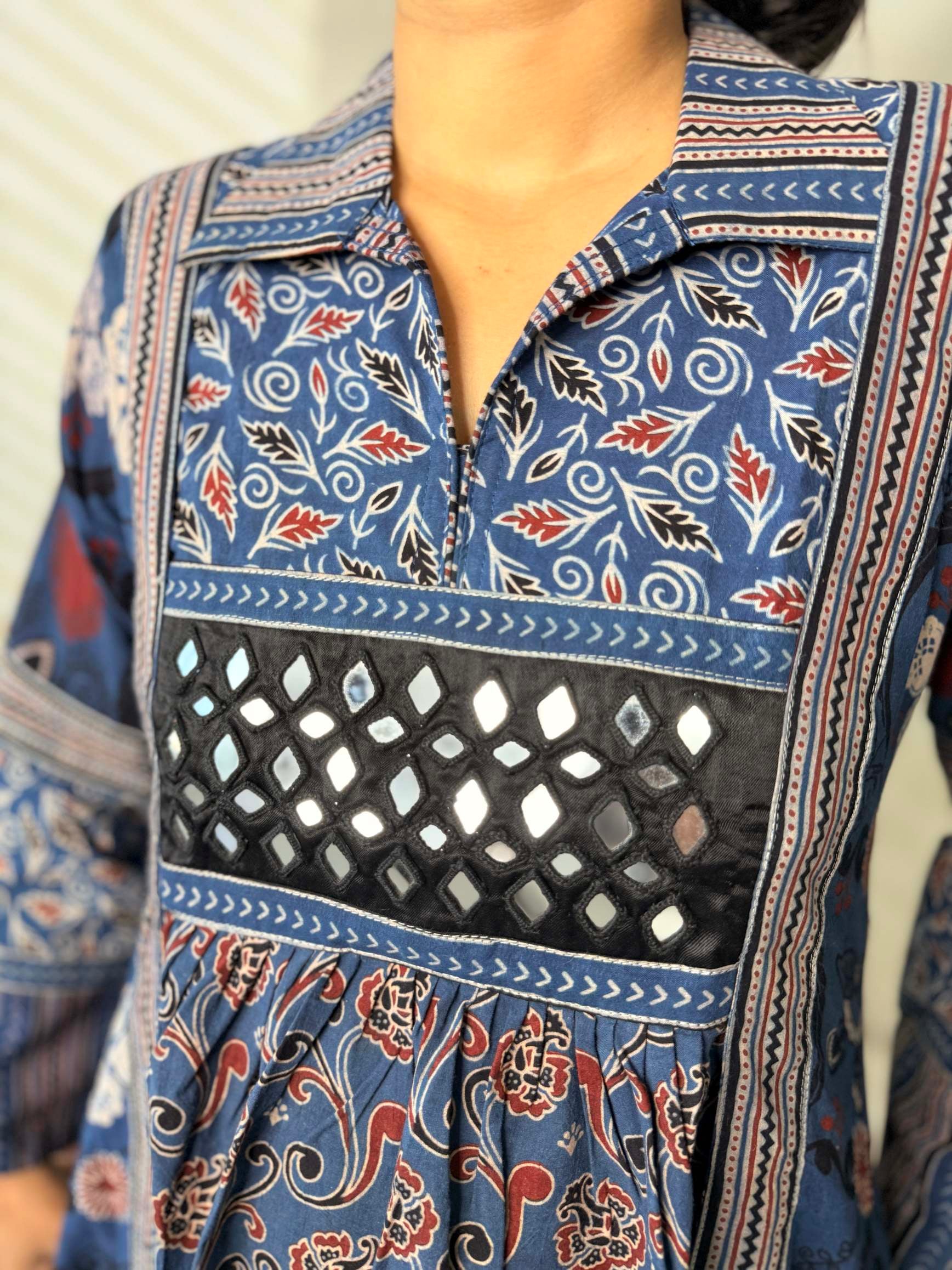 Swara Ajarakh Flap Collar & Mirror Cotton Long Kurti/One Piece