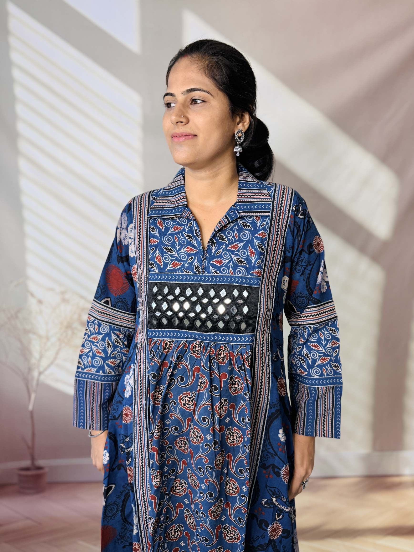 Swara Ajarakh Flap Collar & Mirror Cotton Long Kurti/One Piece