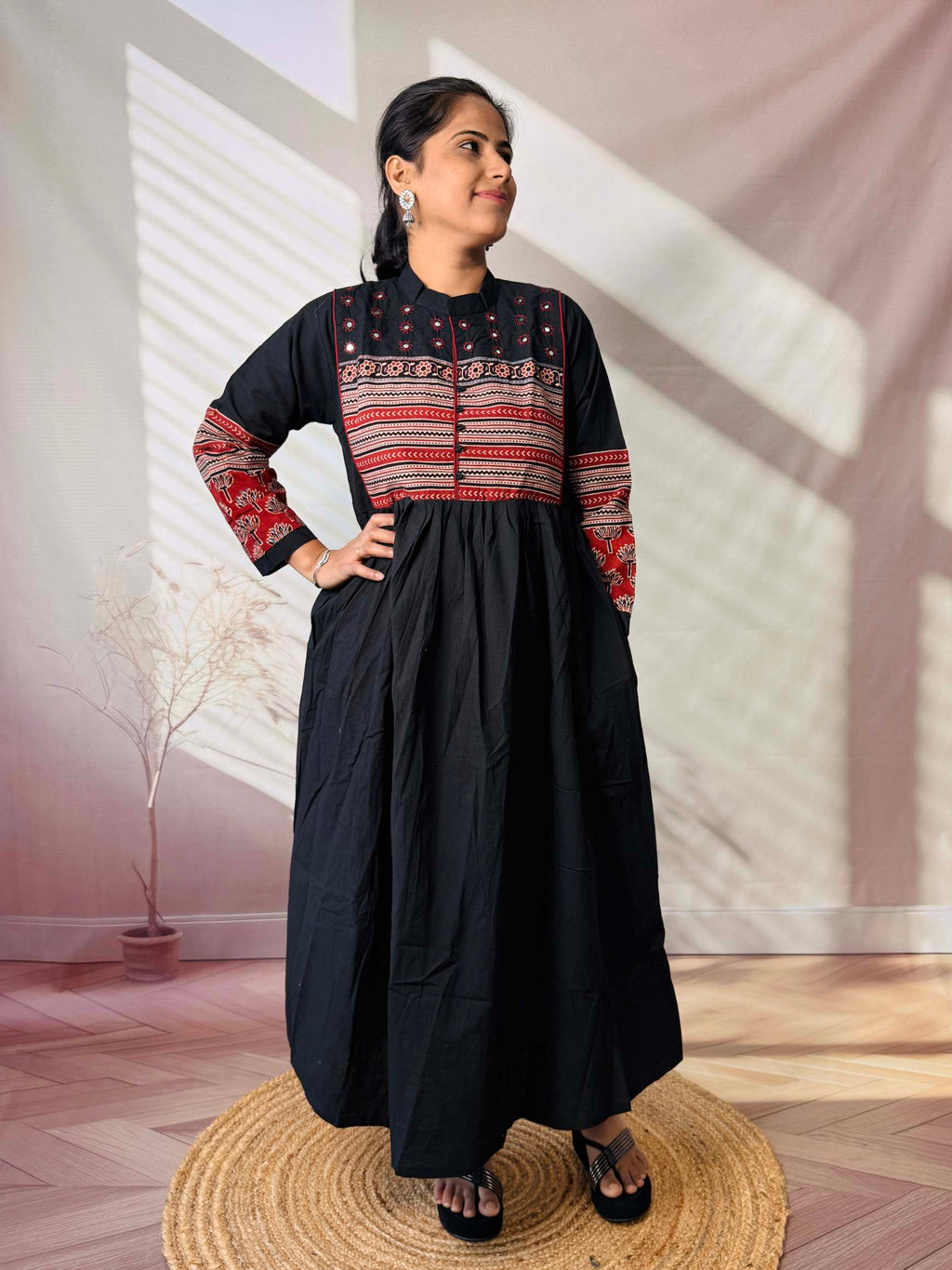 Reeva Ajarakh Plain Kutch Mirror Cotton Long Kurti/One Piece