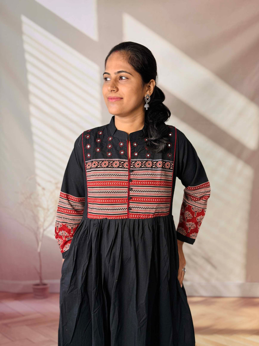 Reeva Ajarakh Plain Kutch Mirror Cotton Long Kurti/One Piece
