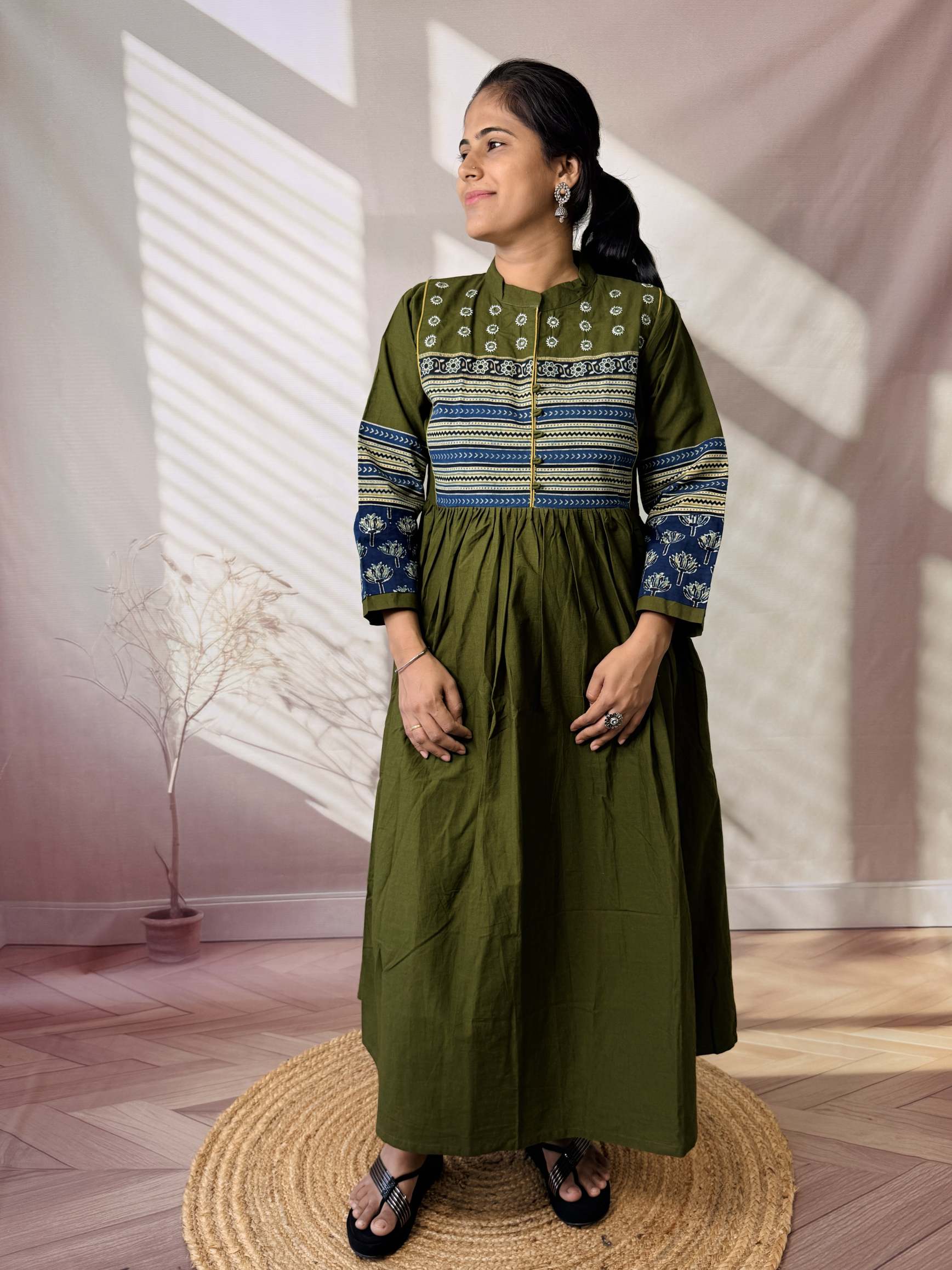 Reeva Ajarakh Plain Kutch Mirror Cotton Long Kurti/One Piece