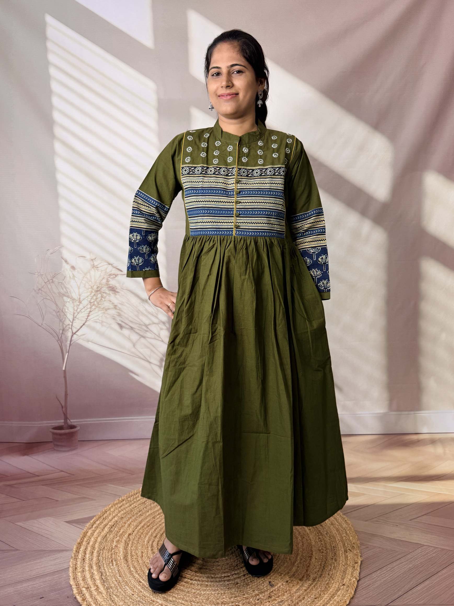 Reeva Ajarakh Plain Kutch Mirror Cotton Long Kurti/One Piece