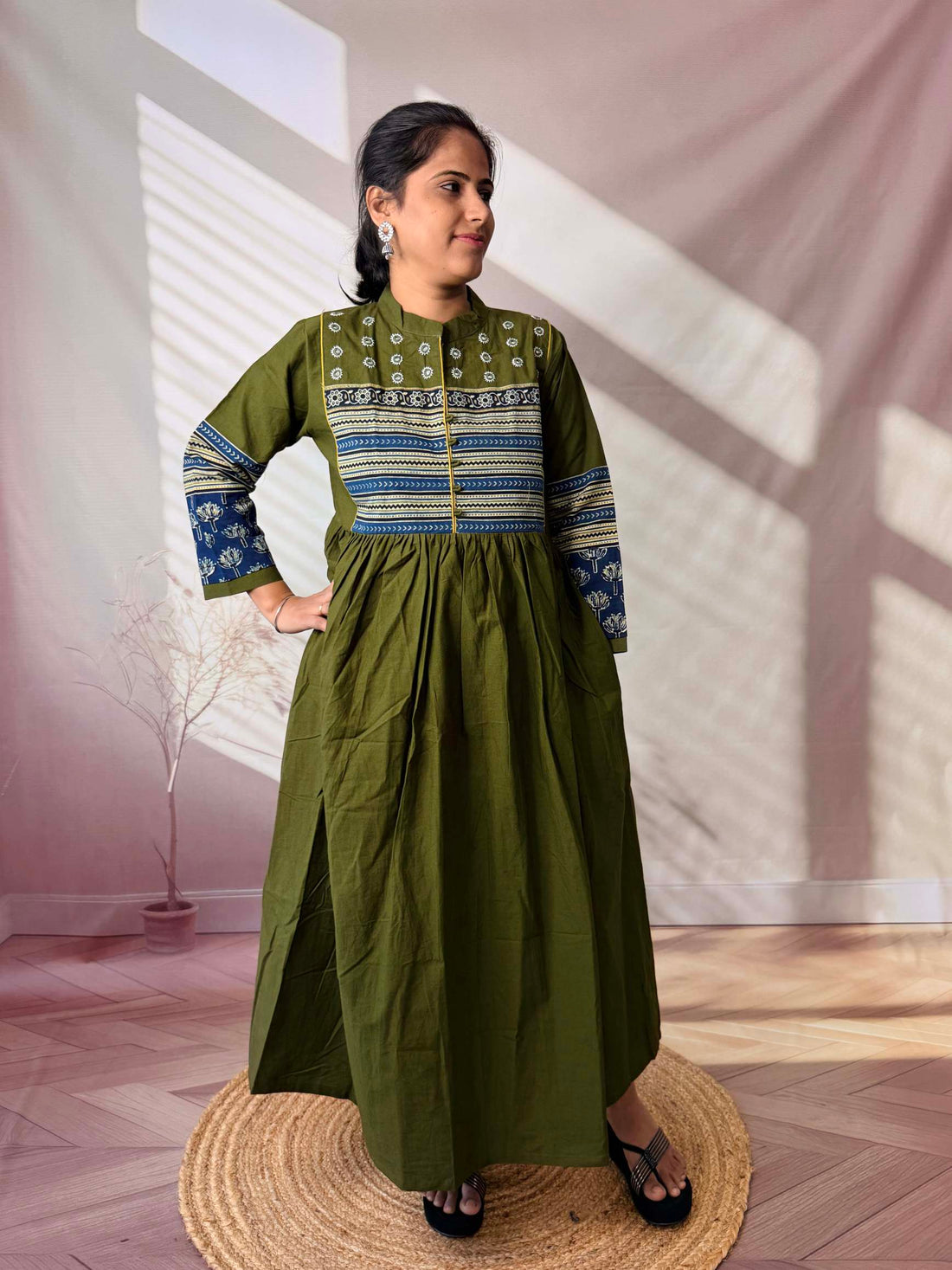 Reeva Ajarakh Plain Kutch Mirror Cotton Long Kurti/One Piece
