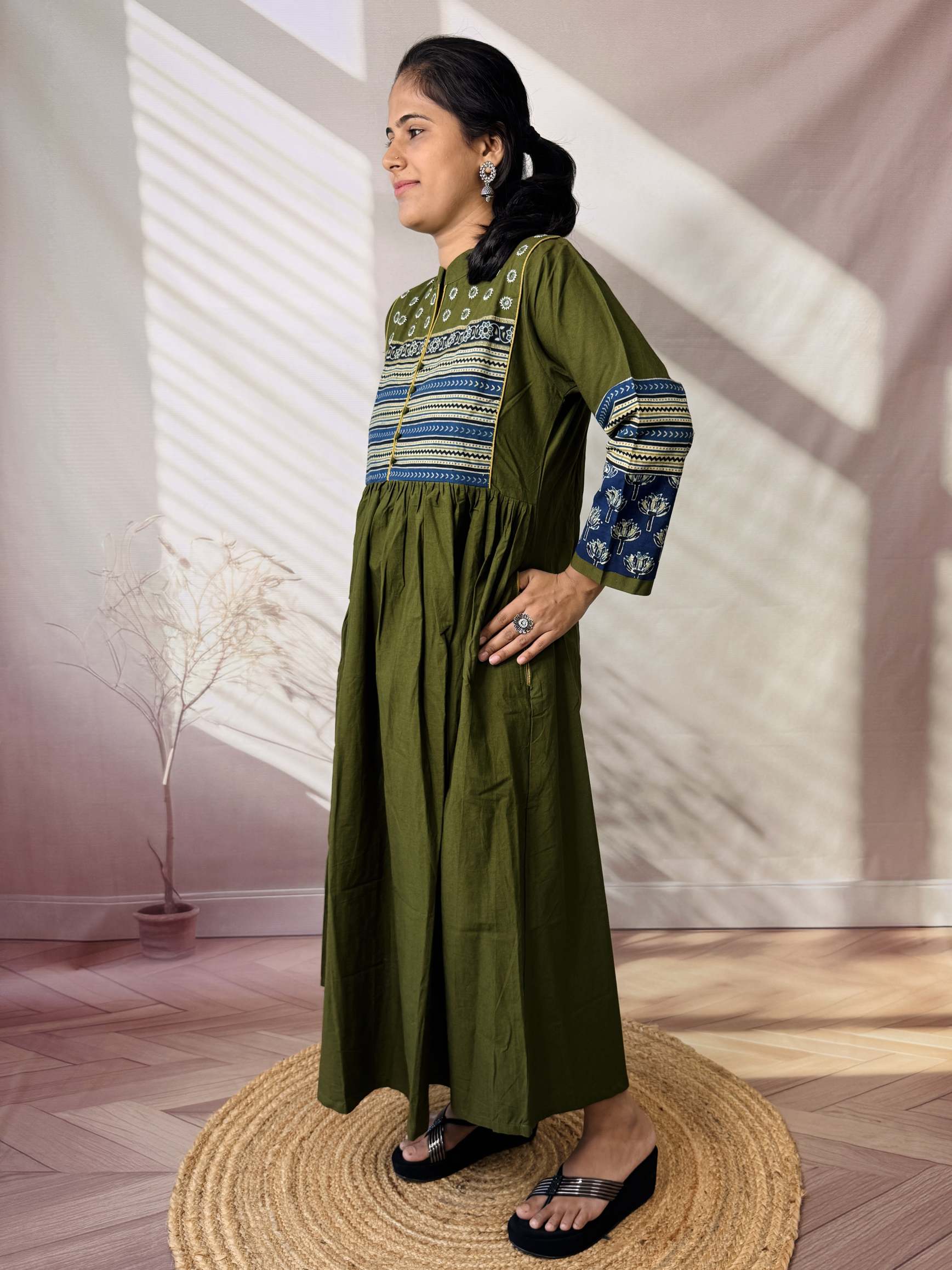 Reeva Ajarakh Plain Kutch Mirror Cotton Long Kurti/One Piece