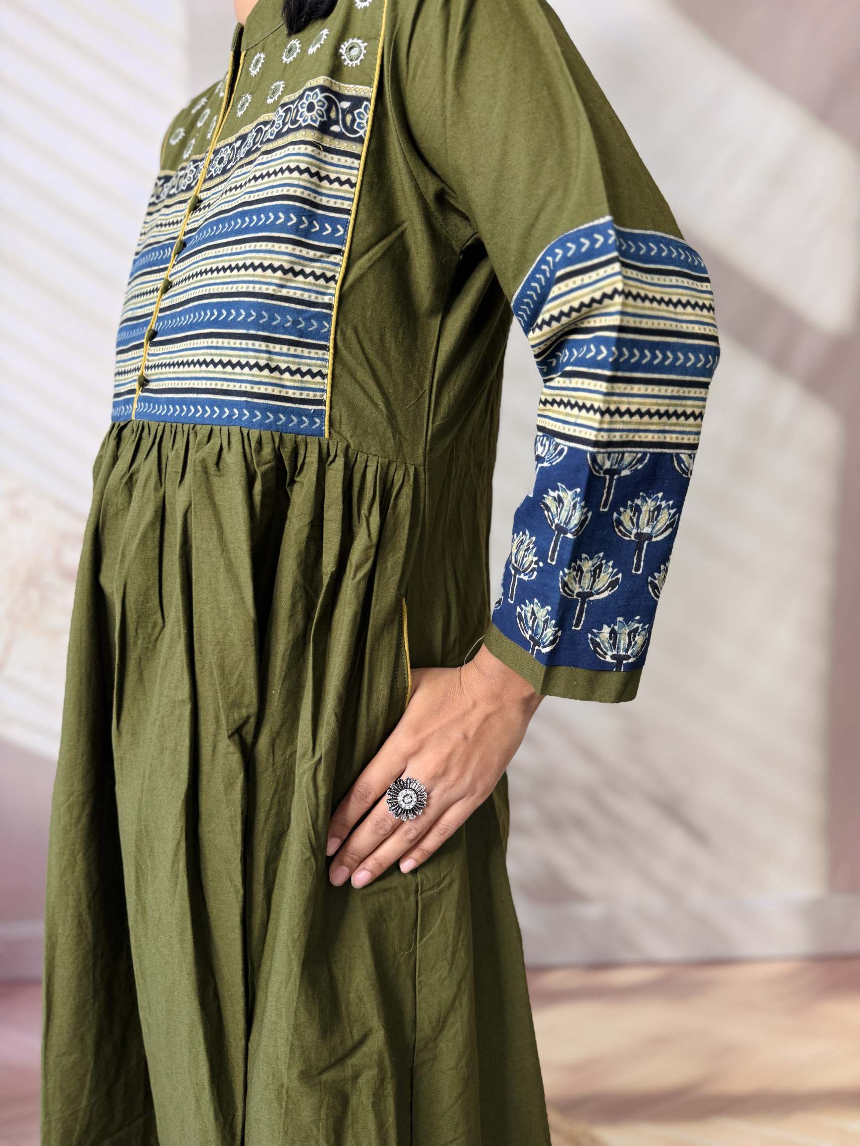 Reeva Ajarakh Plain Kutch Mirror Cotton Long Kurti/One Piece