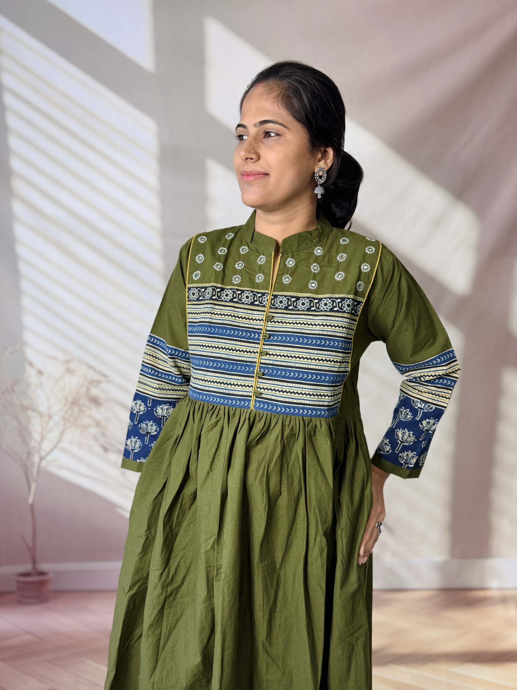 Reeva Ajarakh Plain Kutch Mirror Cotton Long Kurti/One Piece