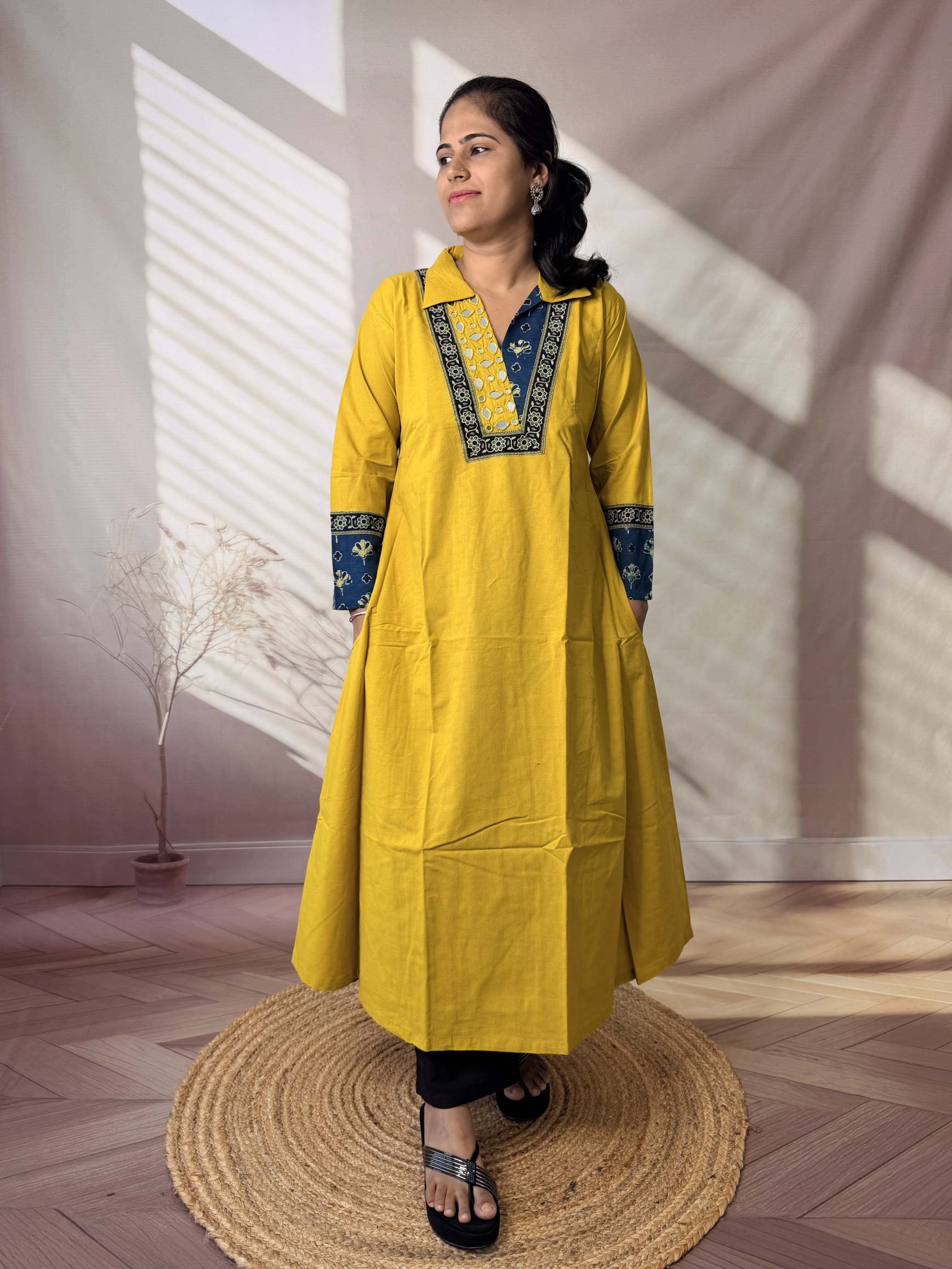 Sejal Plain Collar & Mirror A Line Cotton Kurti