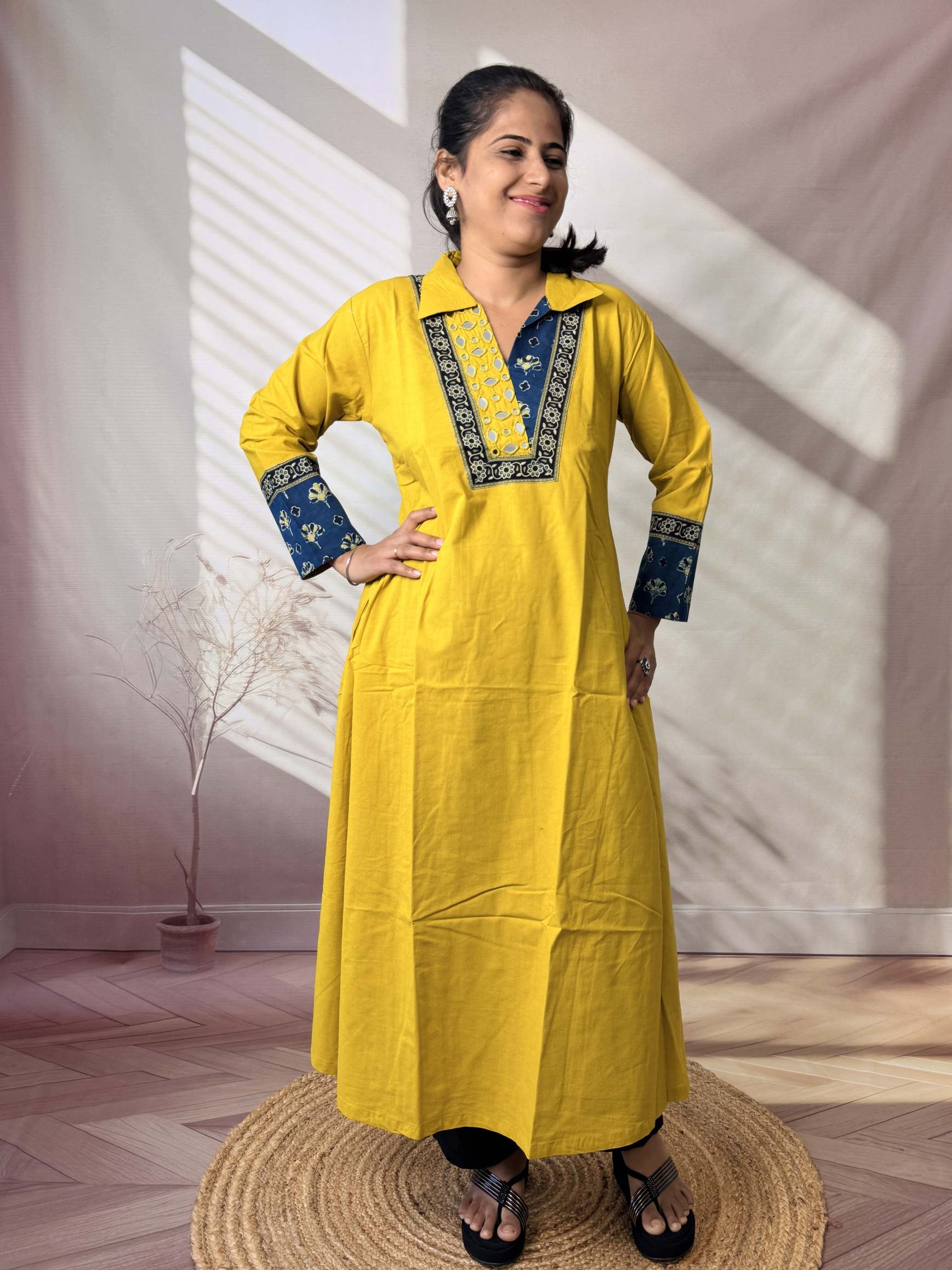 Sejal Plain Collar & Mirror A Line Cotton Kurti