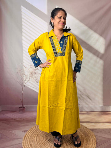 Sejal Plain Collar & Mirror A Line Cotton Kurti
