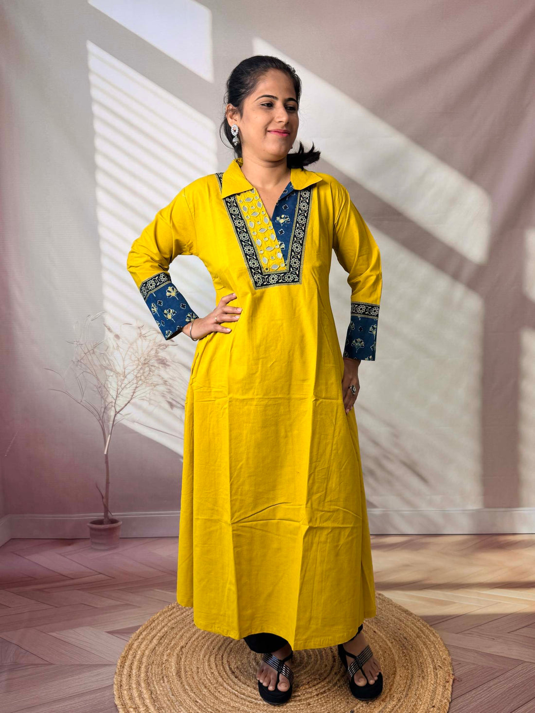 Sejal Plain Collar & Mirror A Line Cotton Kurti