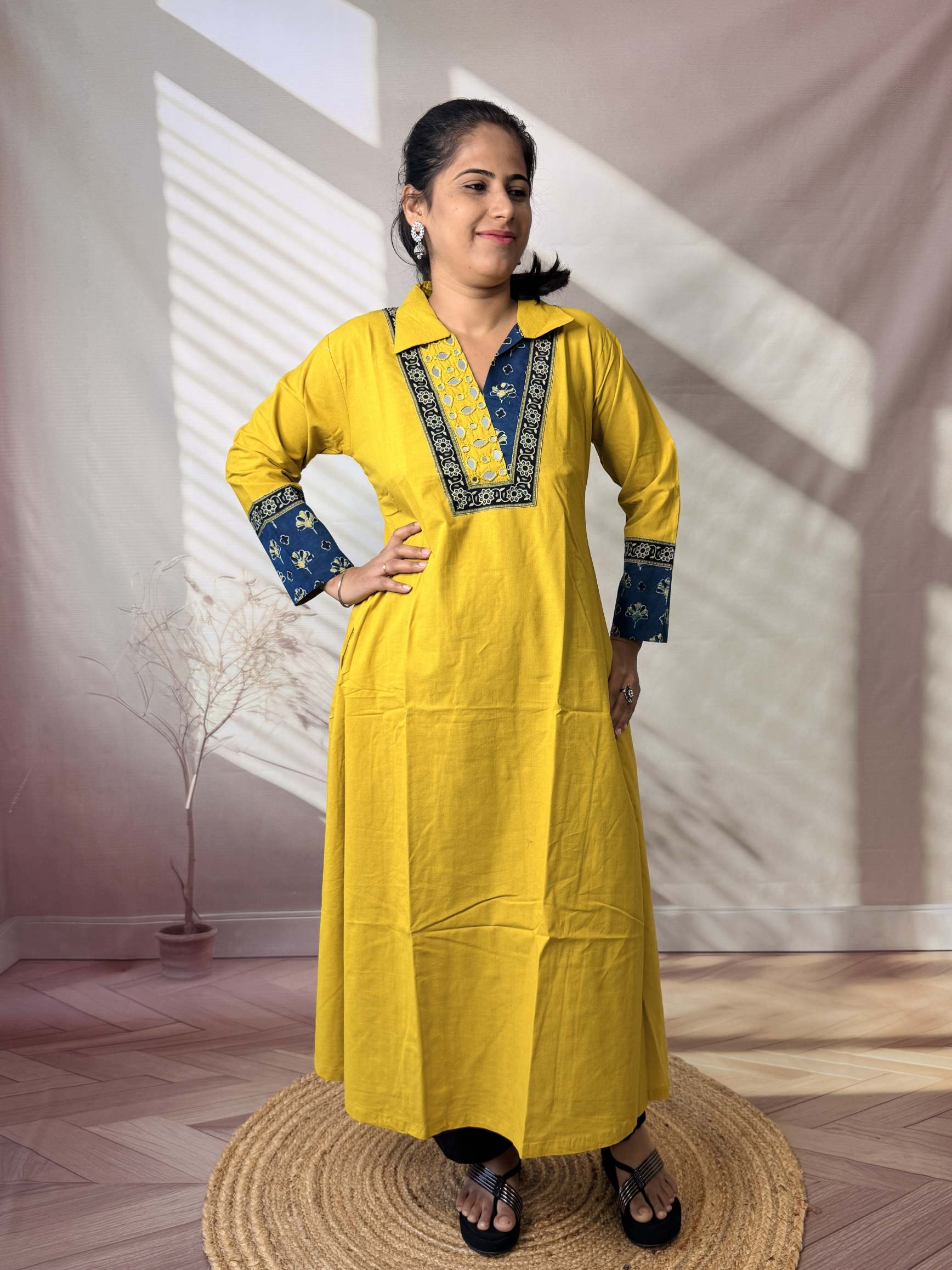 Sejal Plain Collar & Mirror A Line Cotton Kurti