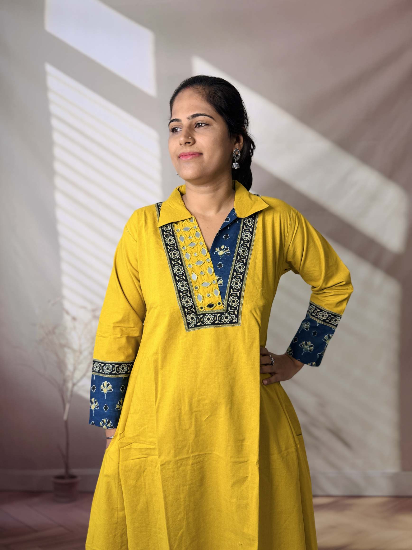 Sejal Plain Collar & Mirror A Line Cotton Kurti