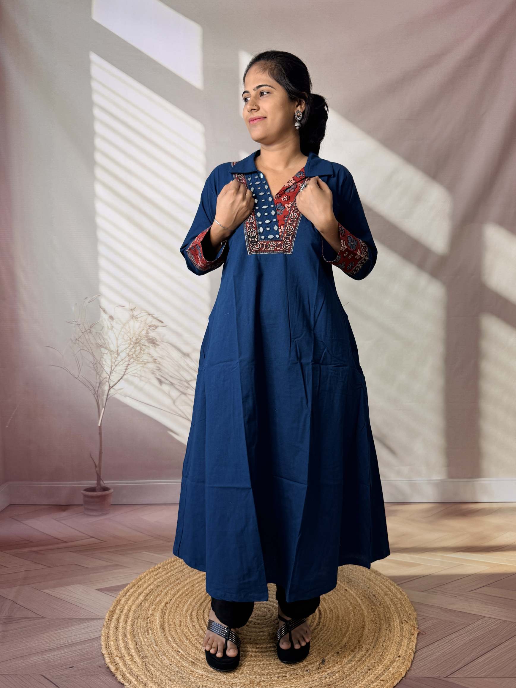 Sejal Plain Collar & Mirror A Line Cotton Kurti