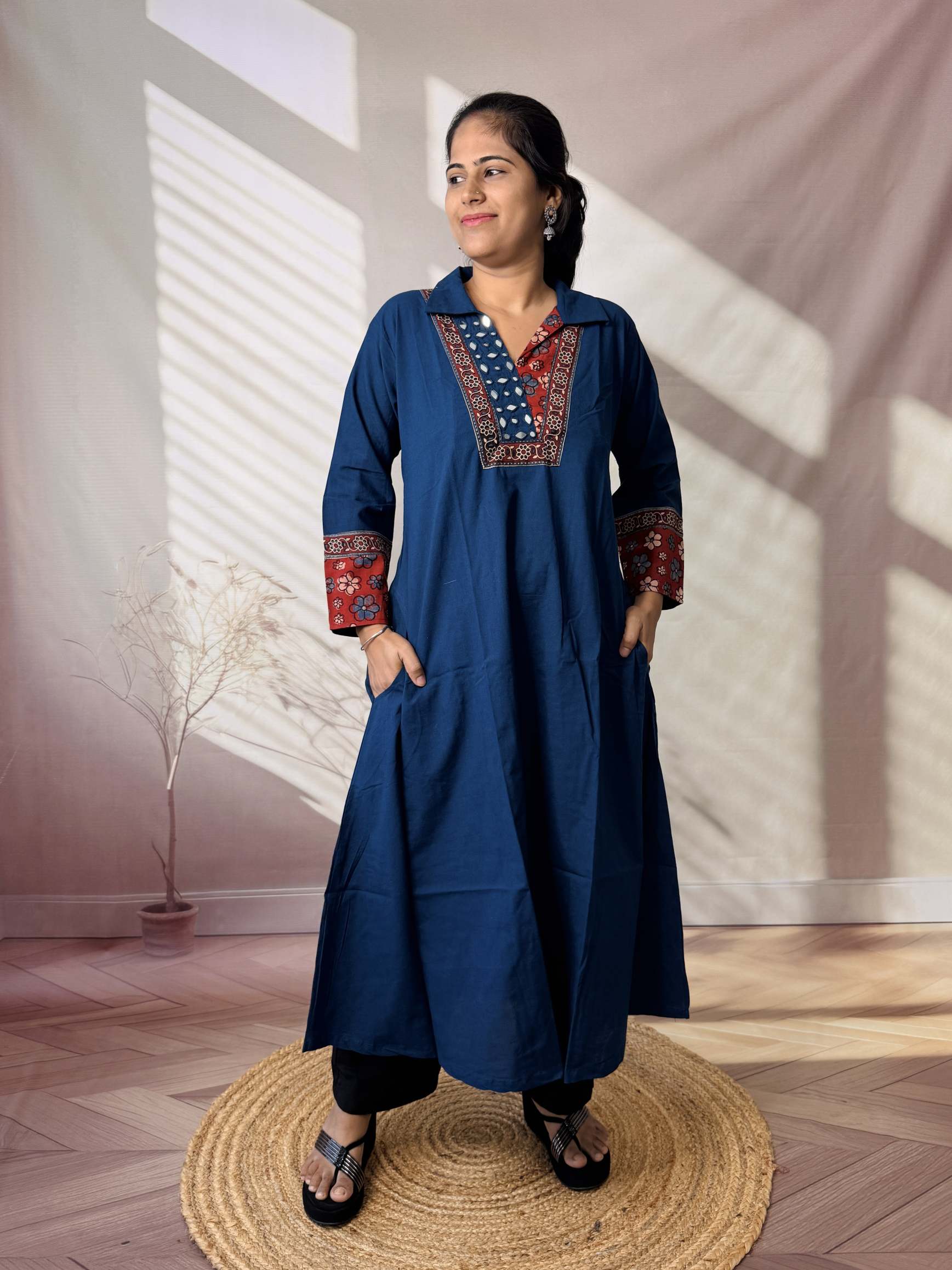 Sejal Plain Collar & Mirror A Line Cotton Kurti