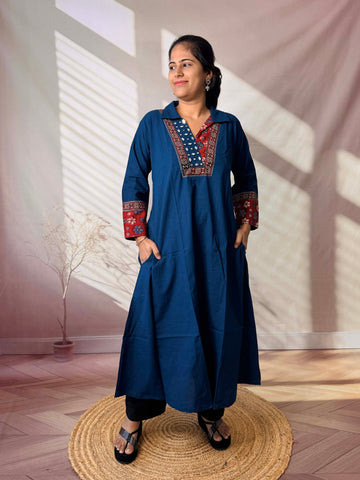 Sejal Plain Collar & Mirror A Line Cotton Kurti
