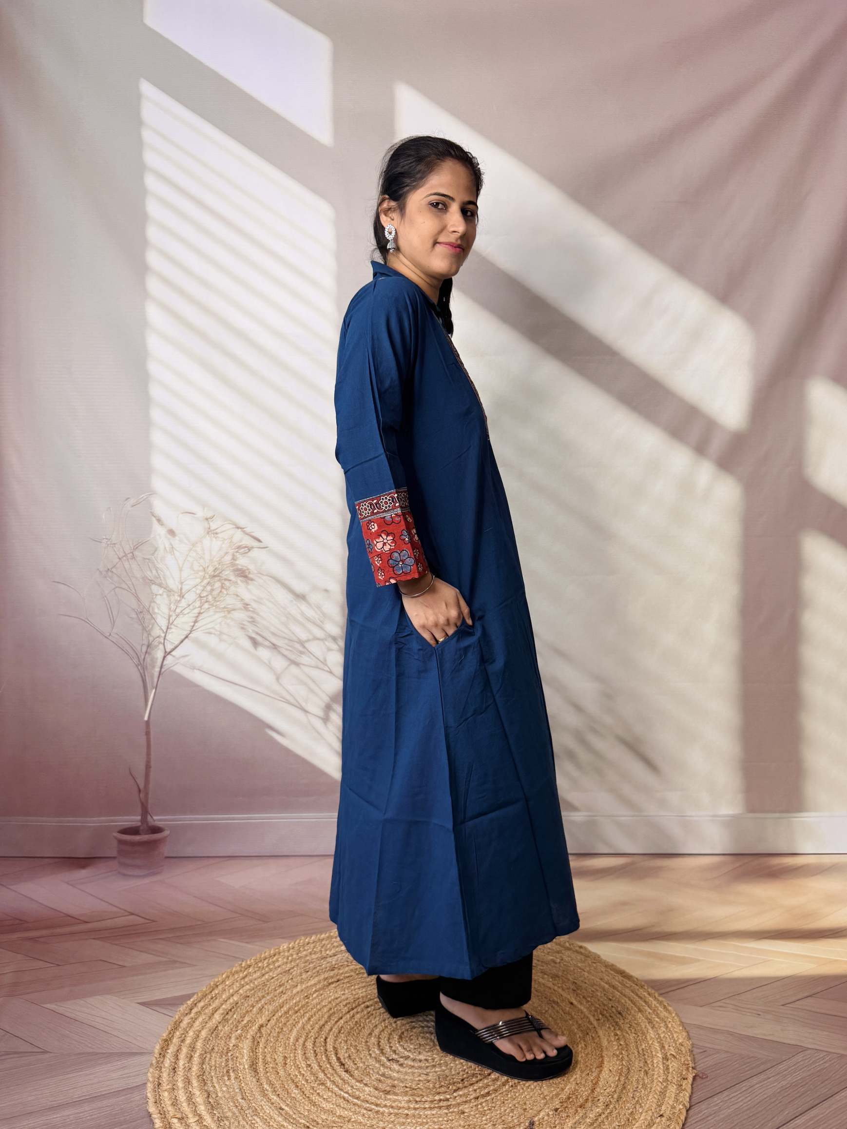Sejal Plain Collar & Mirror A Line Cotton Kurti