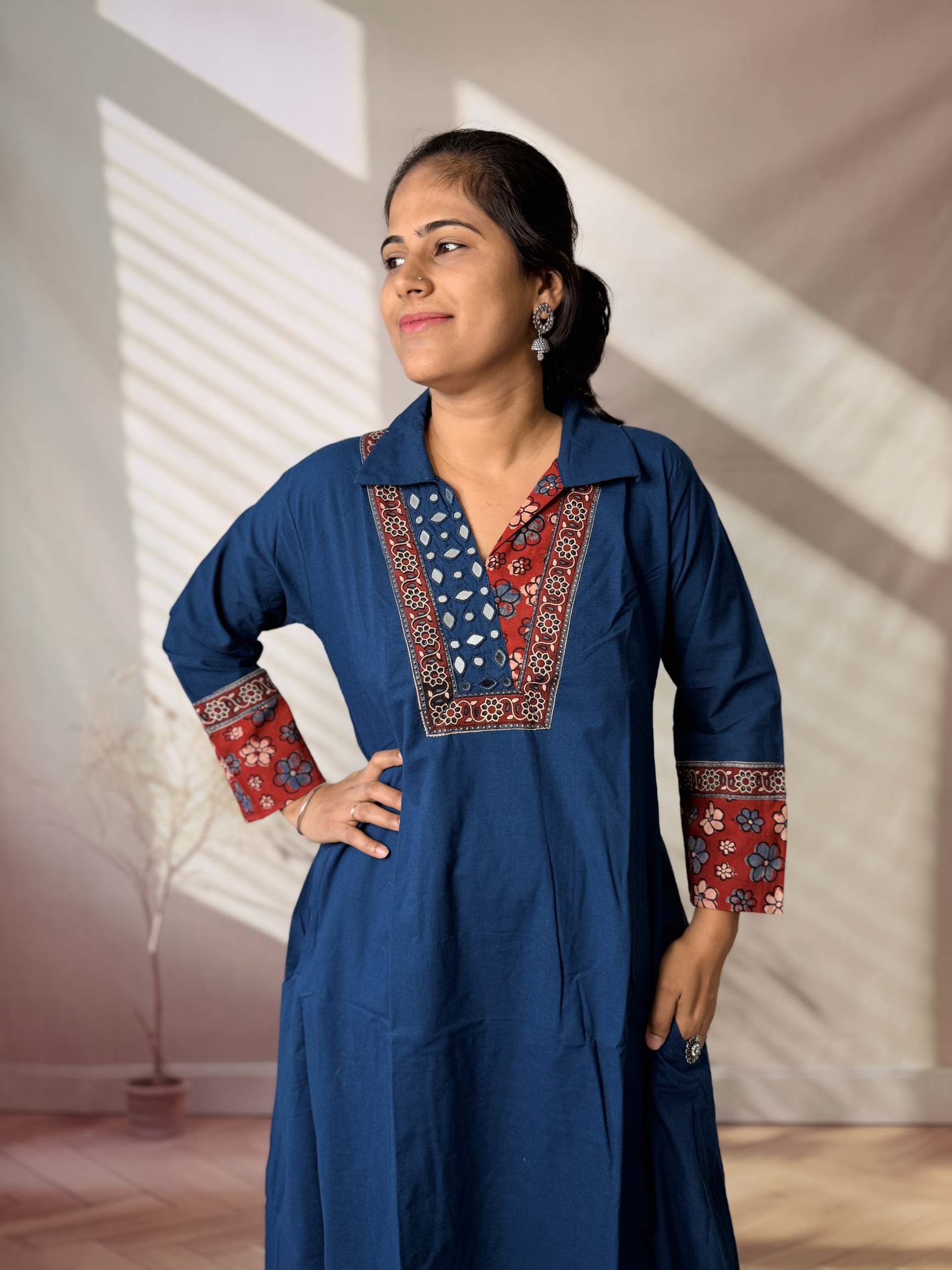 Sejal Plain Collar & Mirror A Line Cotton Kurti