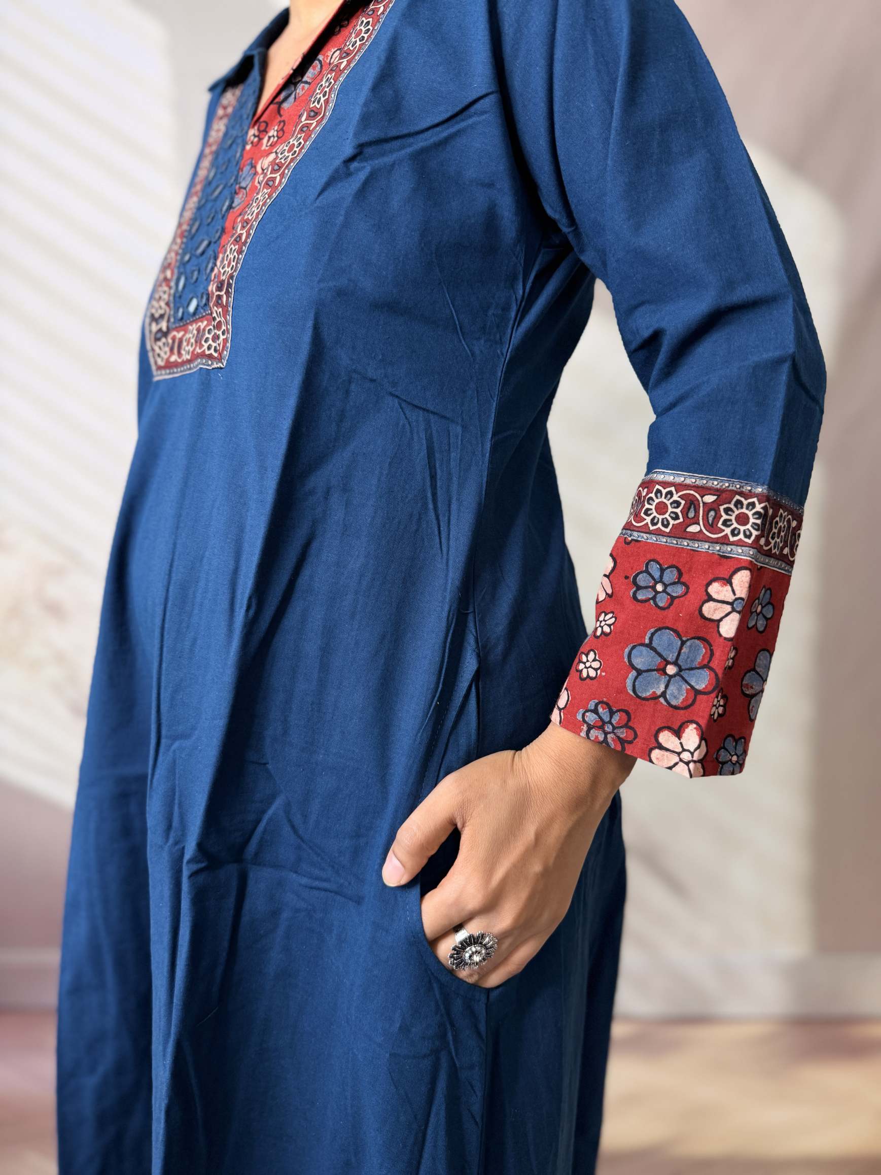 Sejal Plain Collar & Mirror A Line Cotton Kurti