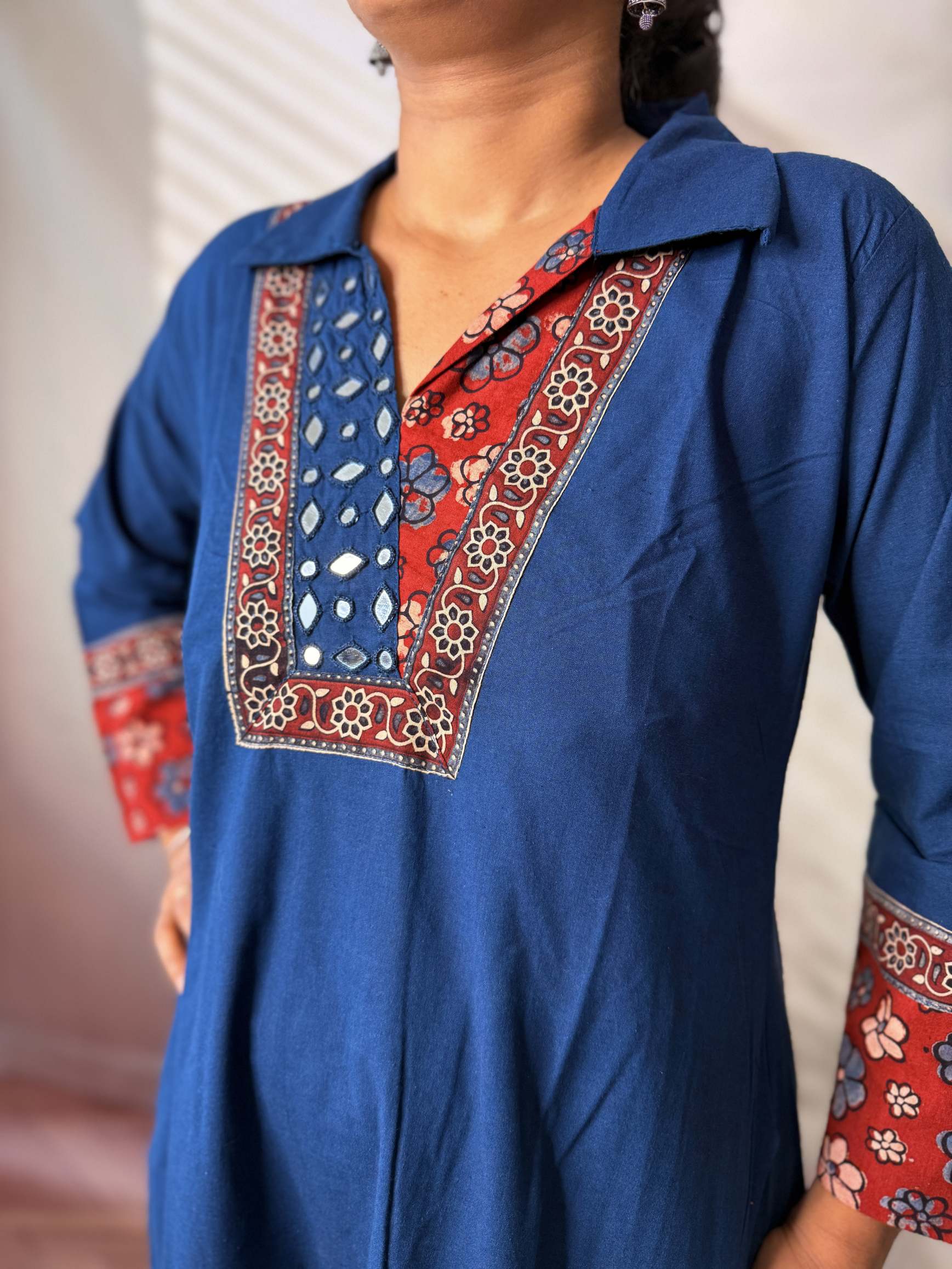Sejal Plain Collar & Mirror A Line Cotton Kurti