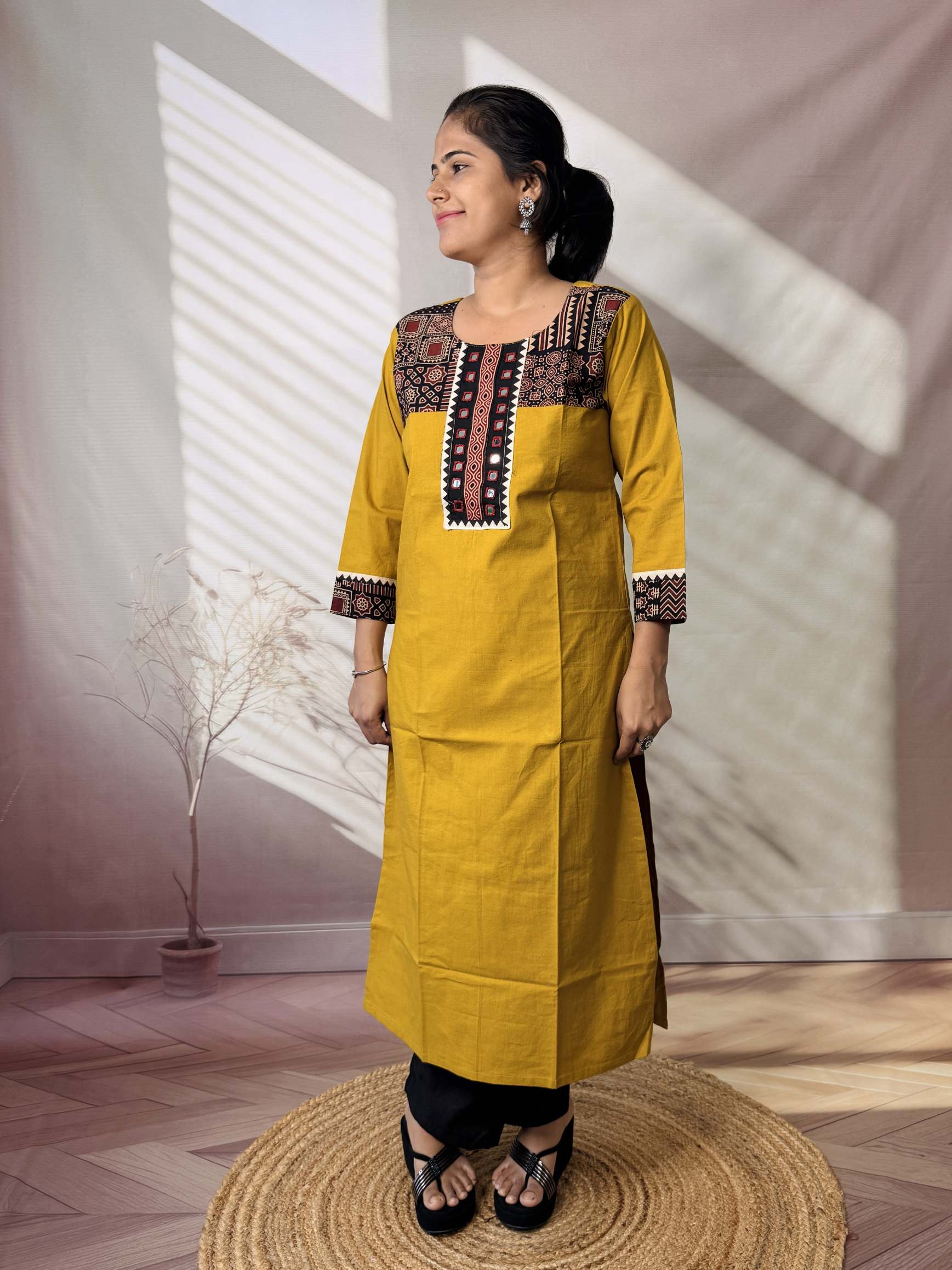 Grisha Plain Ajarakh Mirror Cotton Straight Kurti