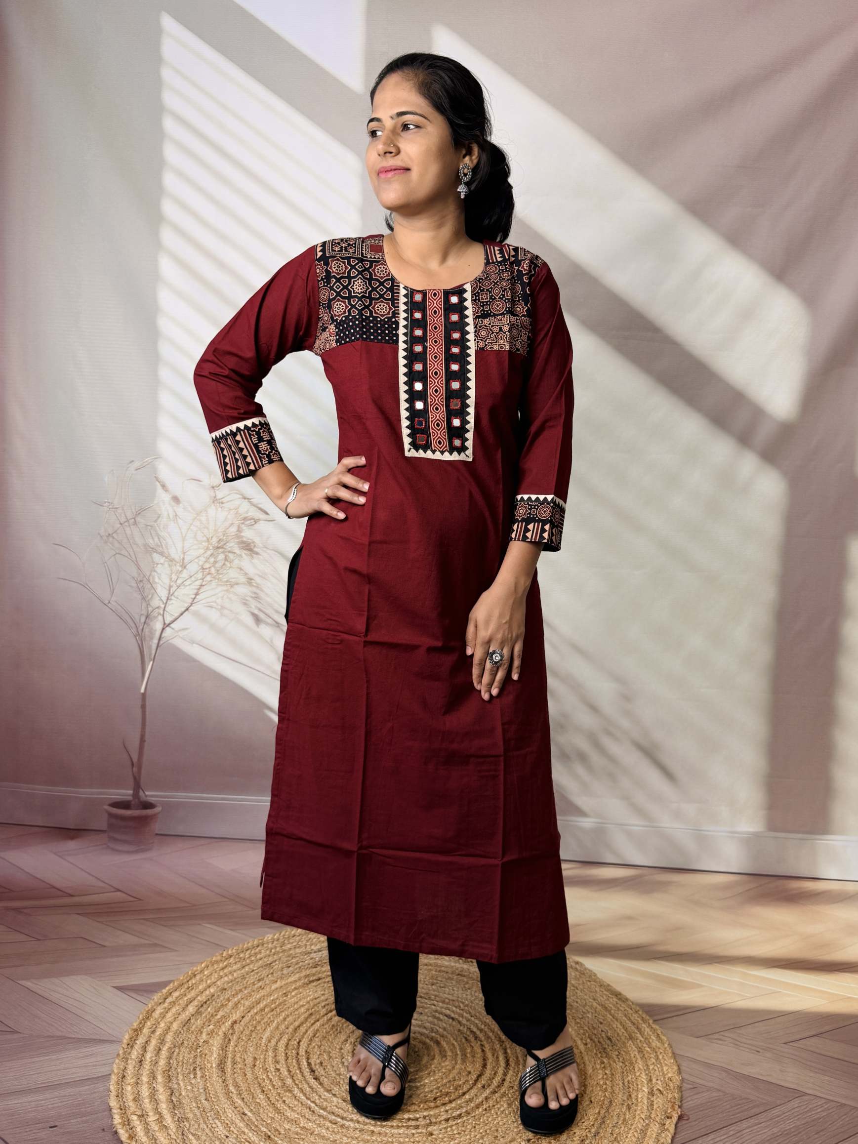 Grisha Plain Ajarakh Mirror Cotton Straight Kurti