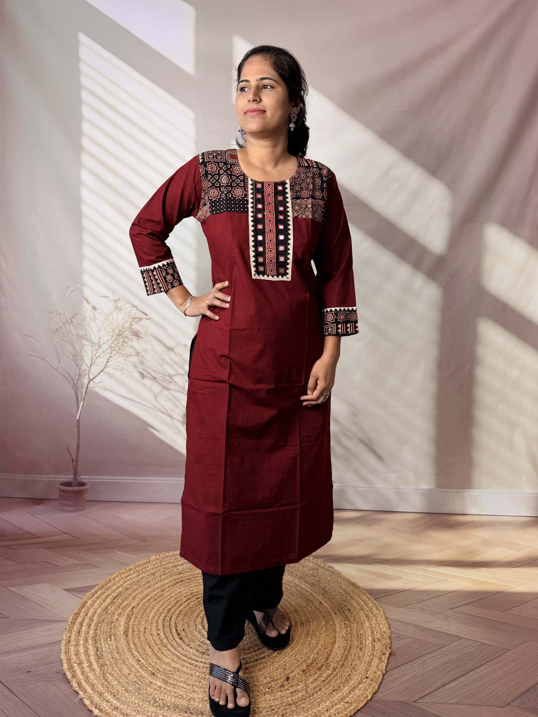Grisha Plain Ajarakh Mirror Cotton Straight Kurti