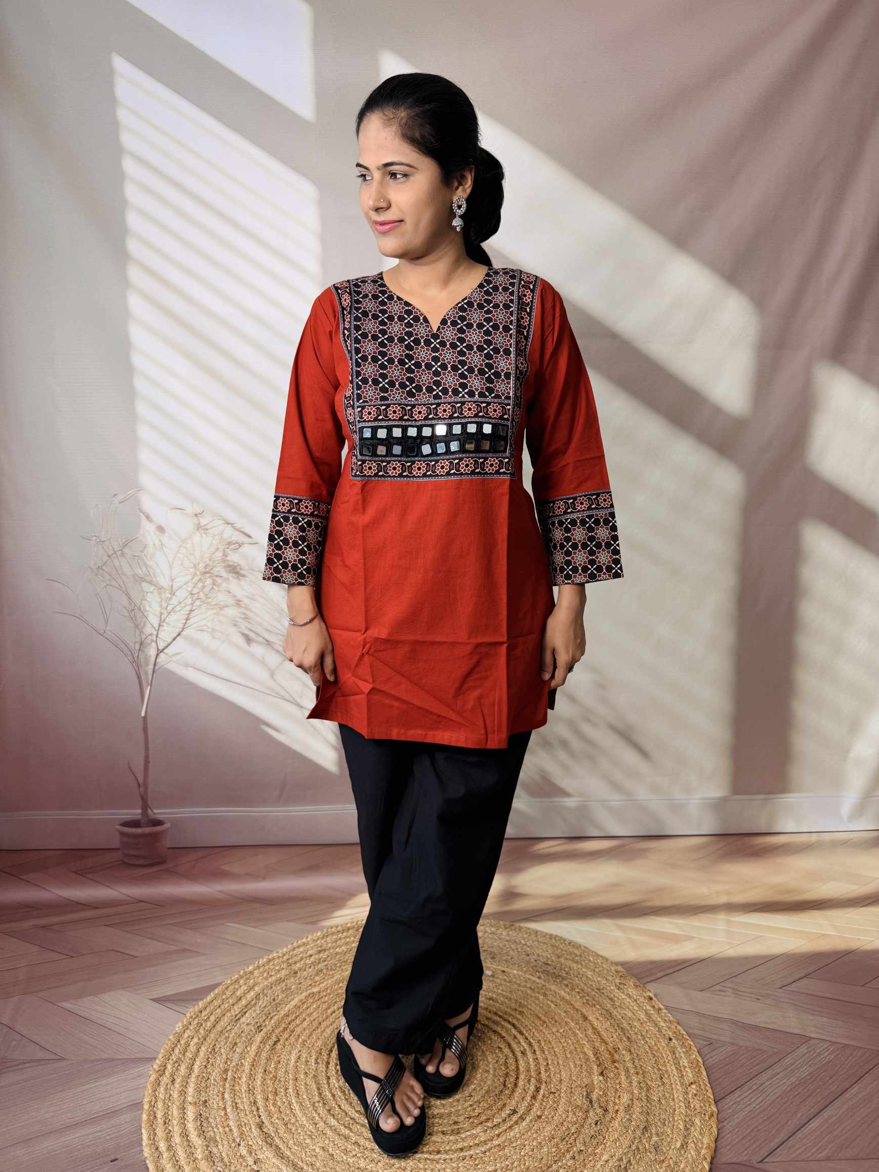Roop Plain Ajarakh Yoke Mirror Short Top