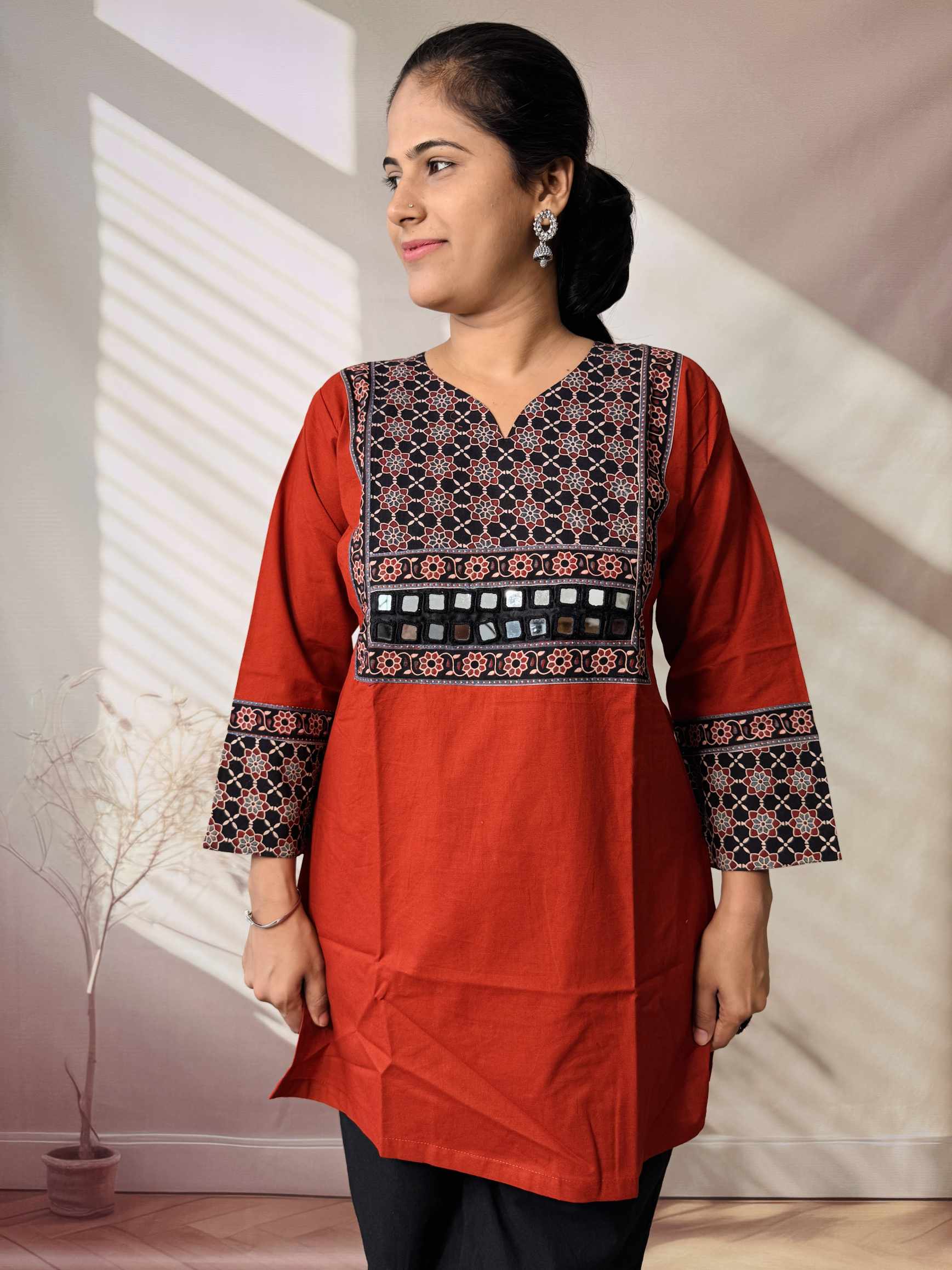 Roop Plain Ajarakh Yoke Mirror Short Top