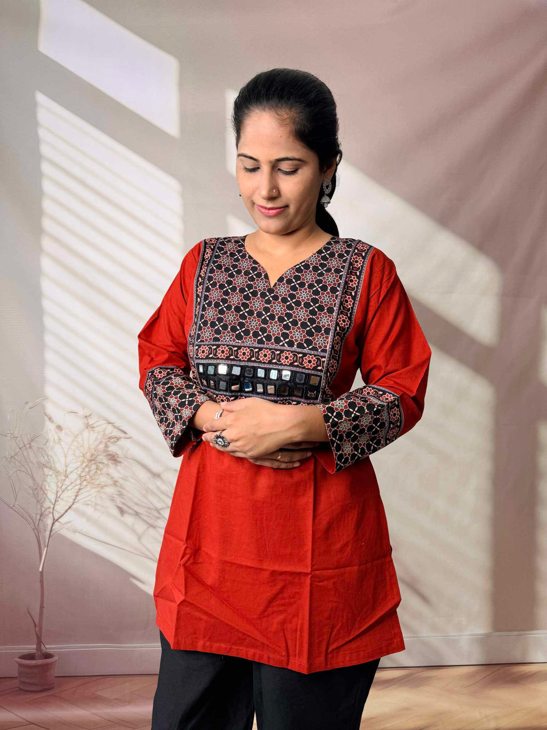 Roop Plain Ajarakh Yoke Mirror Short Top