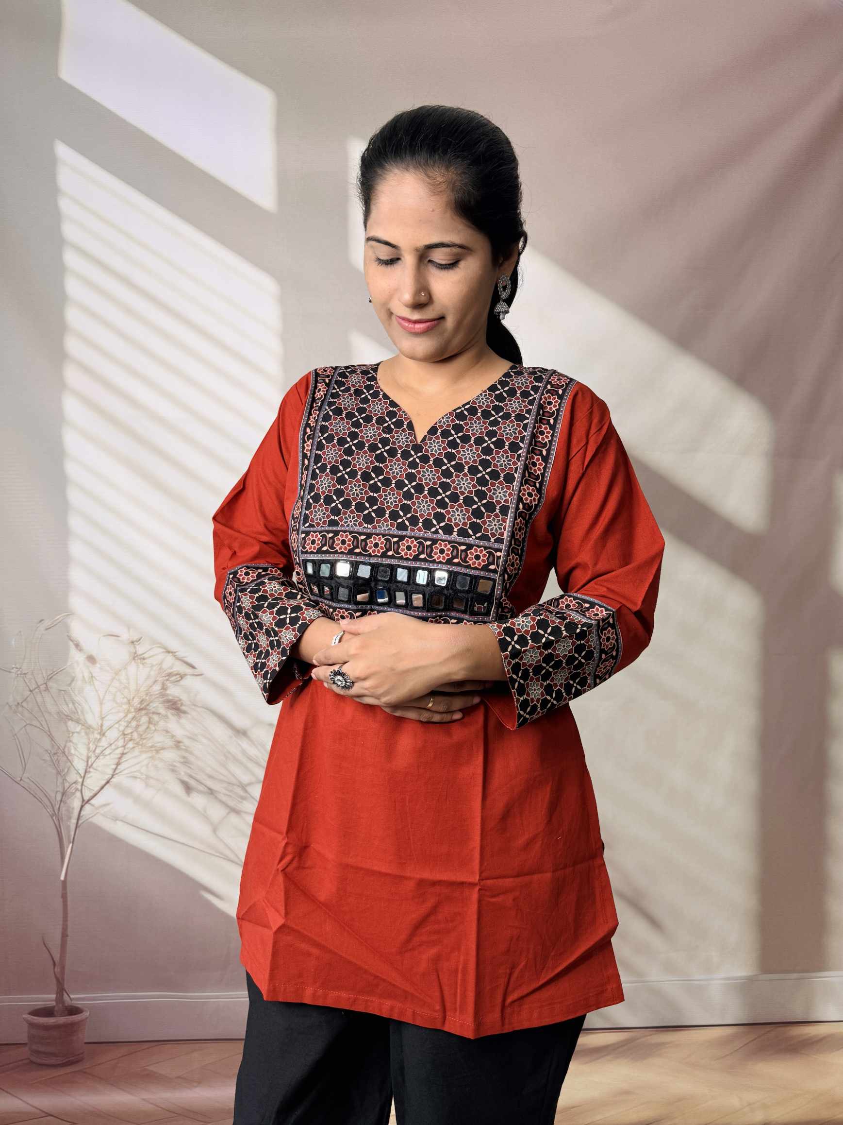 Roop Plain Ajarakh Yoke Mirror Short Top