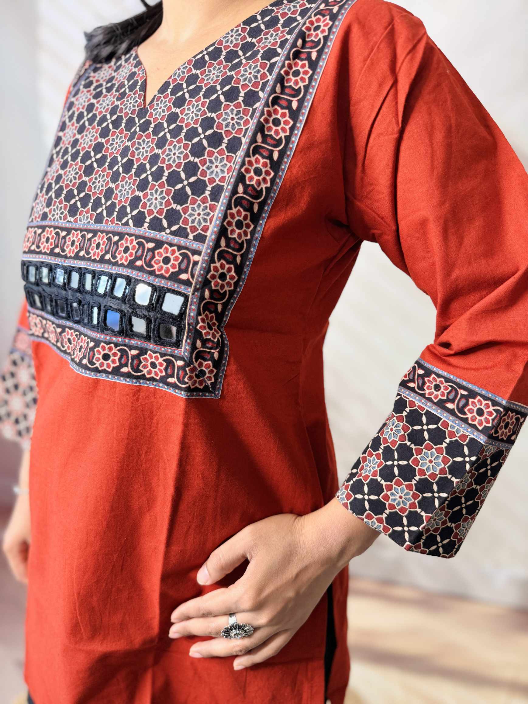 Roop Plain Ajarakh Yoke Mirror Short Top