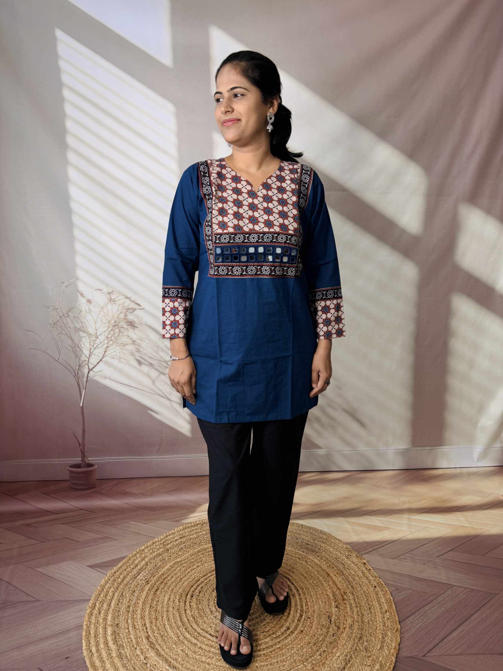 Roop Plain Ajarakh Yoke Mirror Short Top