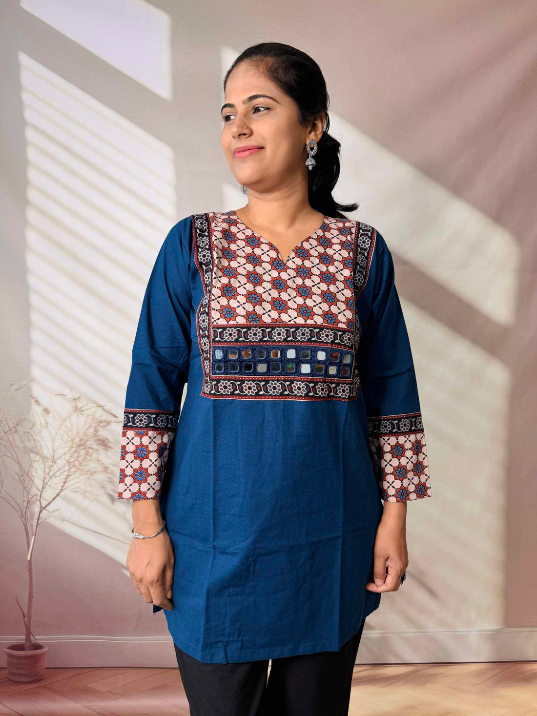 Roop Plain Ajarakh Yoke Mirror Short Top