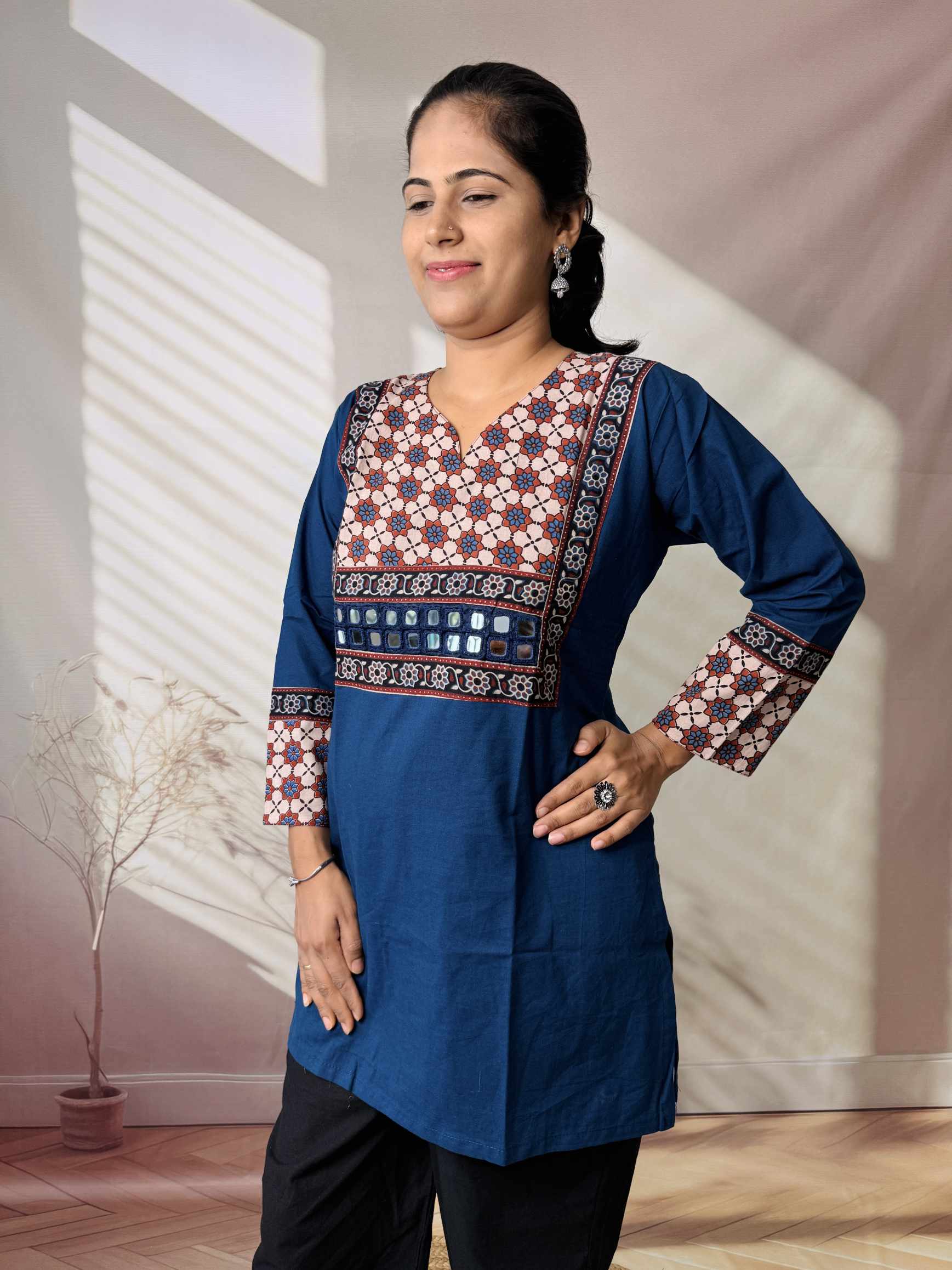 Roop Plain Ajarakh Yoke Mirror Short Top