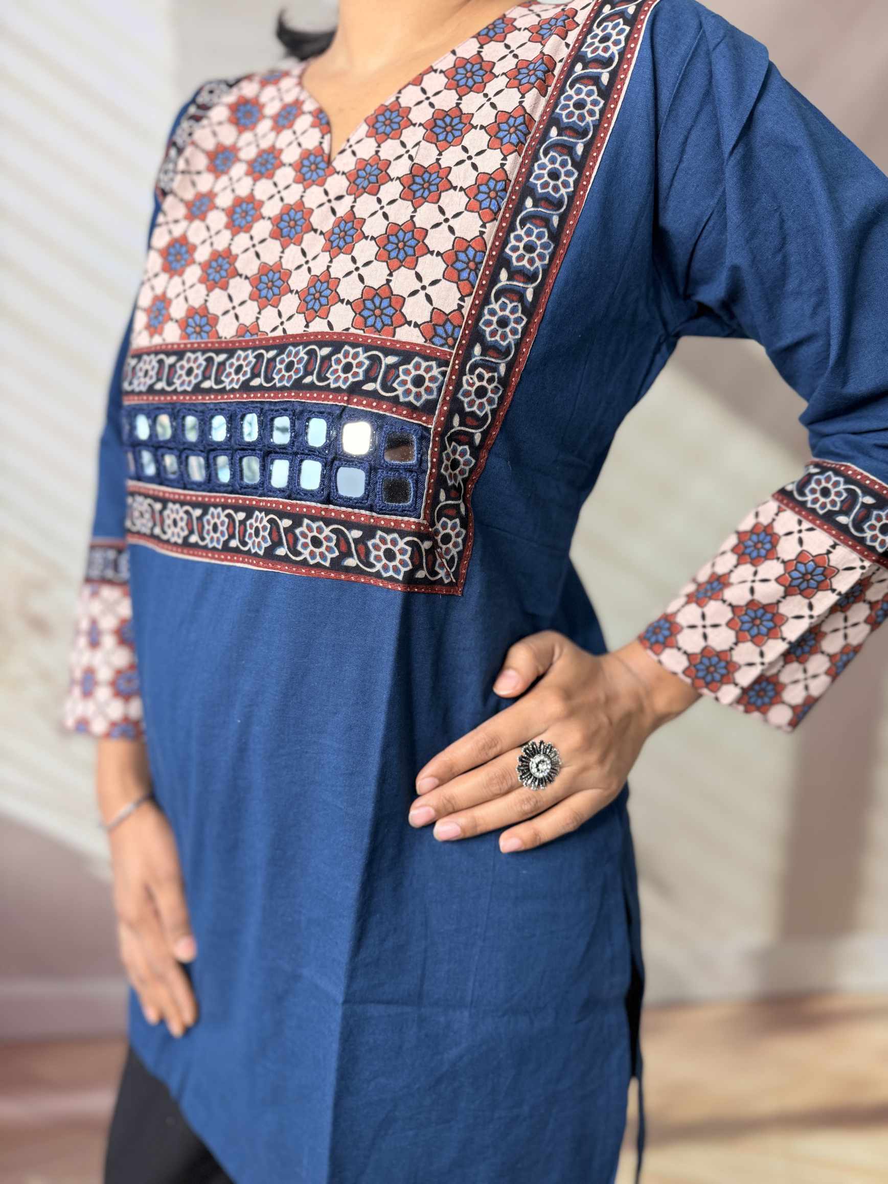Roop Plain Ajarakh Yoke Mirror Short Top