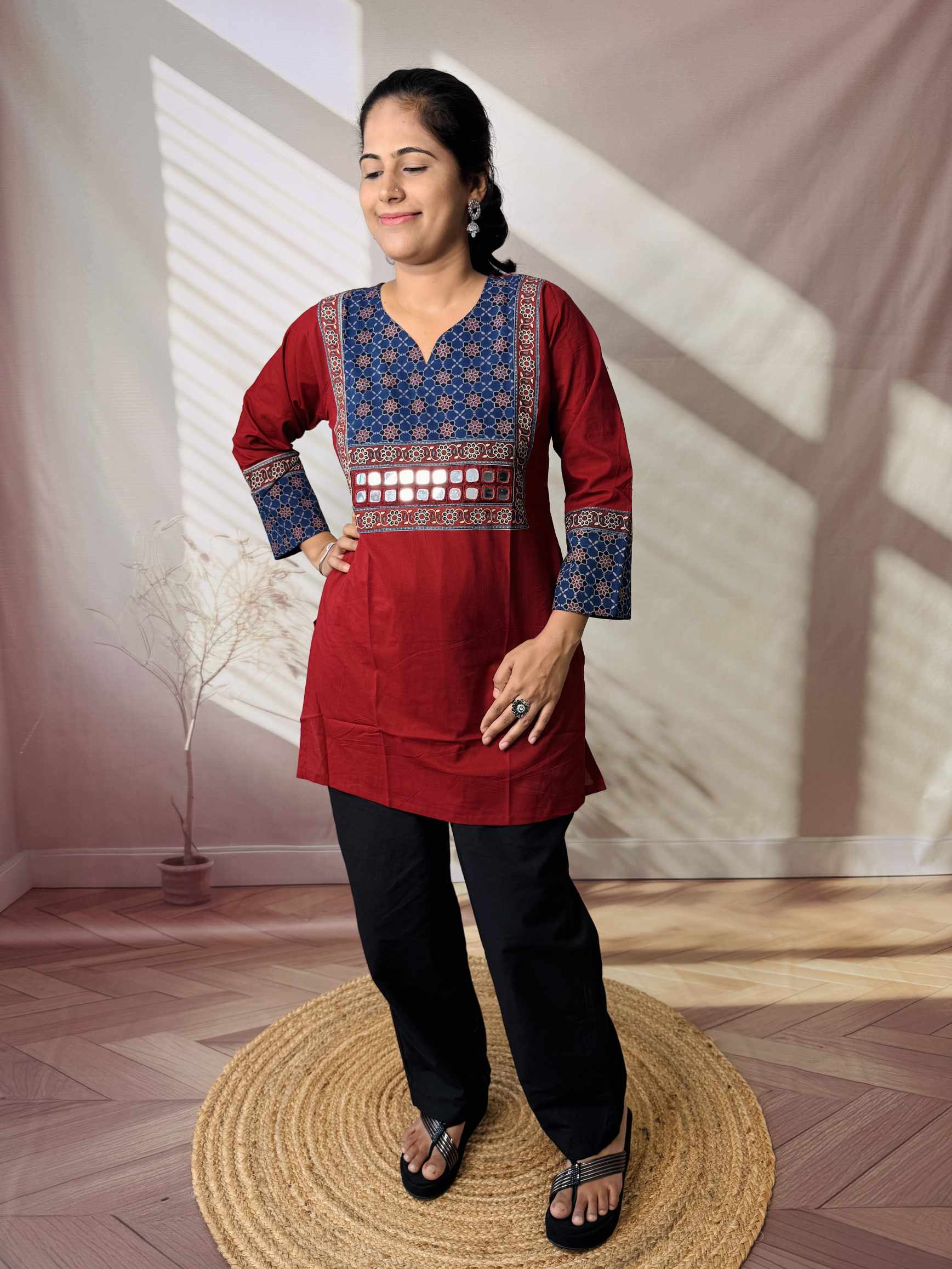 Roop Plain Ajarakh Yoke Mirror Short Top