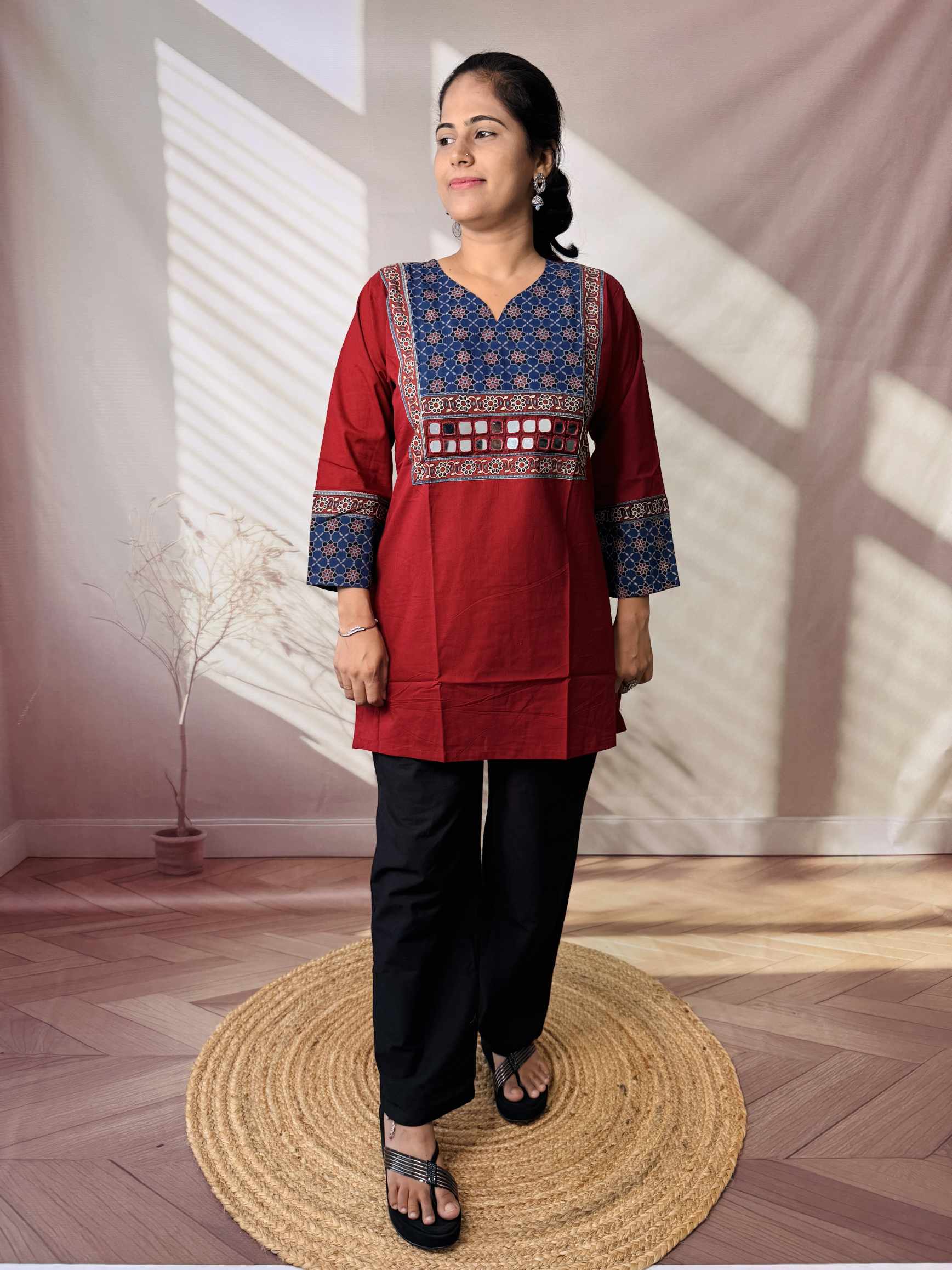 Roop Plain Ajarakh Yoke Mirror Short Top